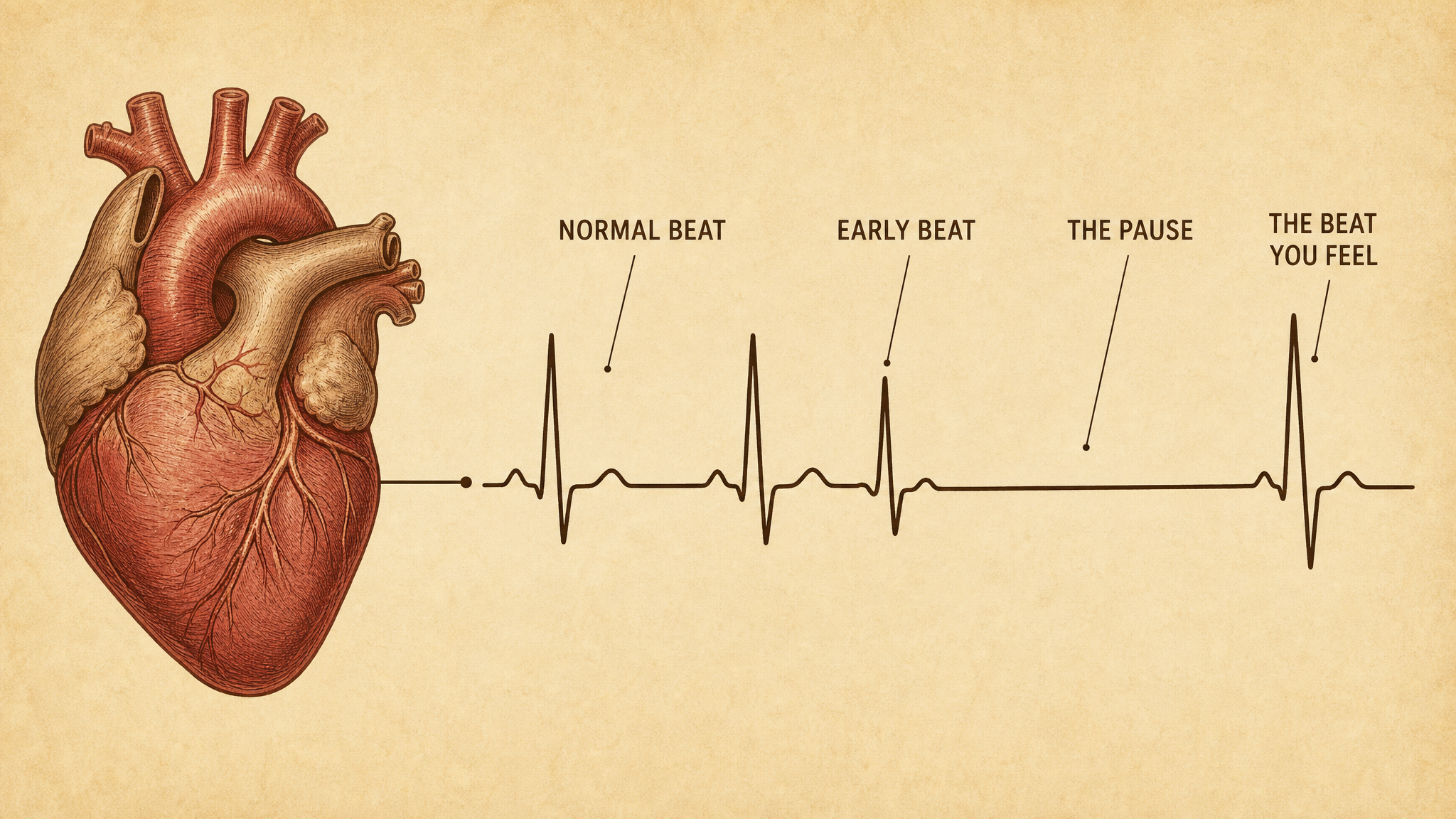 Labeled anatomical illustration of a heart beside a rhythm strip showing three stages, a normal beat, an early extra beat that moves almost no blood, and a compensatory pause followed by a forceful beat, with the pause marked as the part the person actually feels