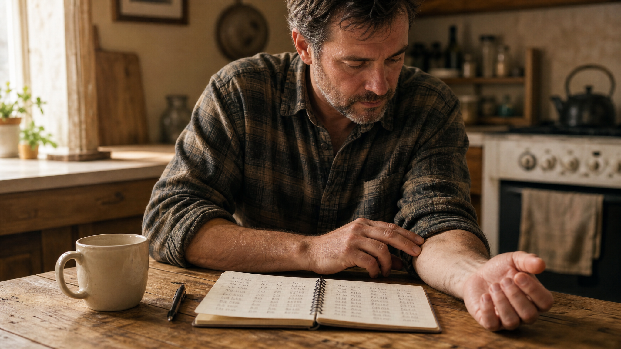 An adult man at a kitchen table rests one forearm palm up while pressing two fingers of the other hand to the inside of his wrist to take his pulse, a handwritten symptom log open beside him in warm morning light