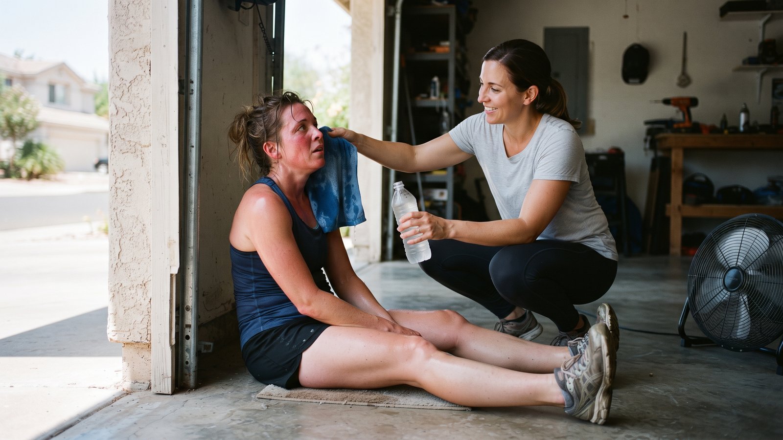 An overheated woman sits in the shade of an open garage while another adult drapes a cool wet towel over the back of her neck and hands her a bottle of water