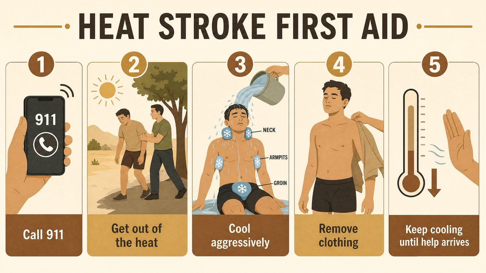 Flat illustrated infographic titled Heat Stroke First Aid showing five numbered icons: call 911, move to shade, cool aggressively with water and ice at neck armpits and groin, remove excess clothing, and keep cooling until help arrives, in warm earth tones