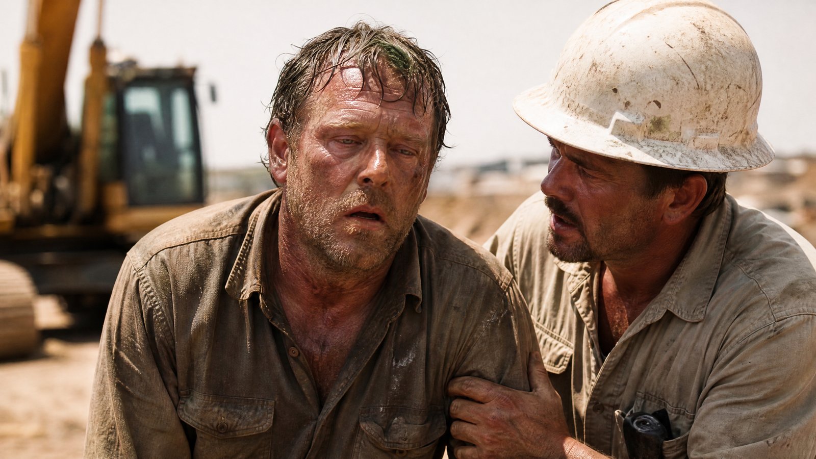 A construction worker in his 40s stumbles and appears confused in blazing sun as a coworker steadies him and studies his face with concern