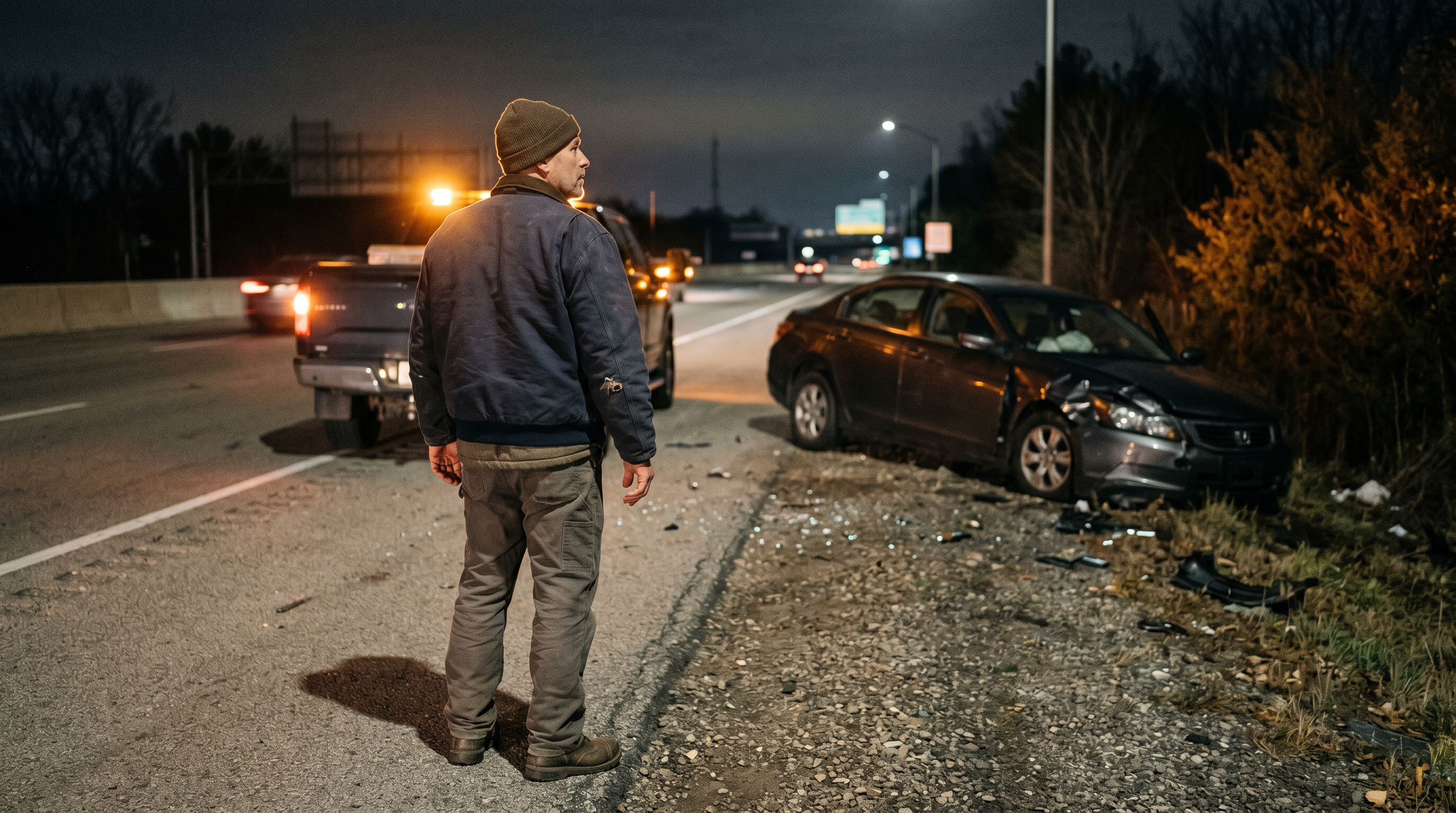Bystander scanning a crash scene from a safe distance before approaching the vehicle