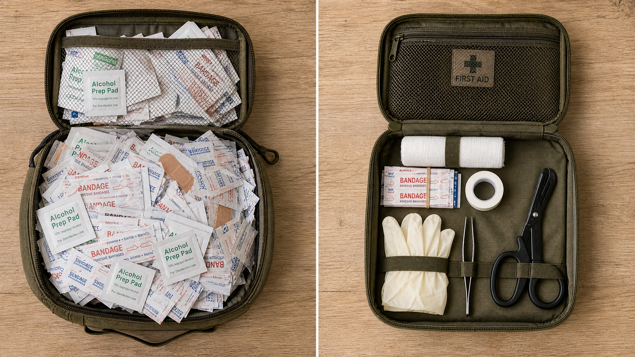 Side-by-side comparison of a cluttered oversized first aid kit full of unused bandages next to a smaller, well-organized kit with clearly labeled essential supplies