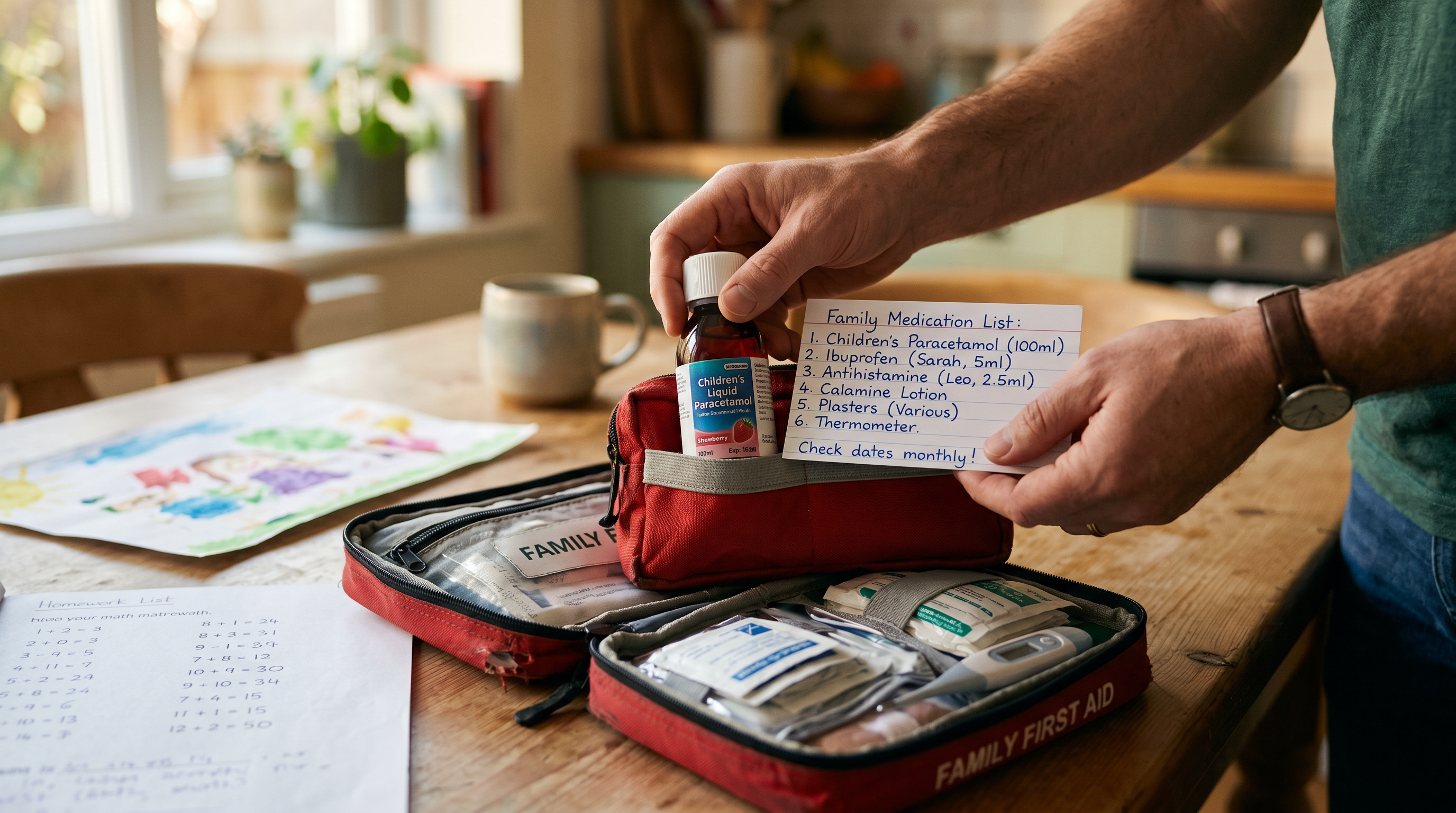 Parent adding children's medicine and a family medication list into a home first aid kit at the kitchen table