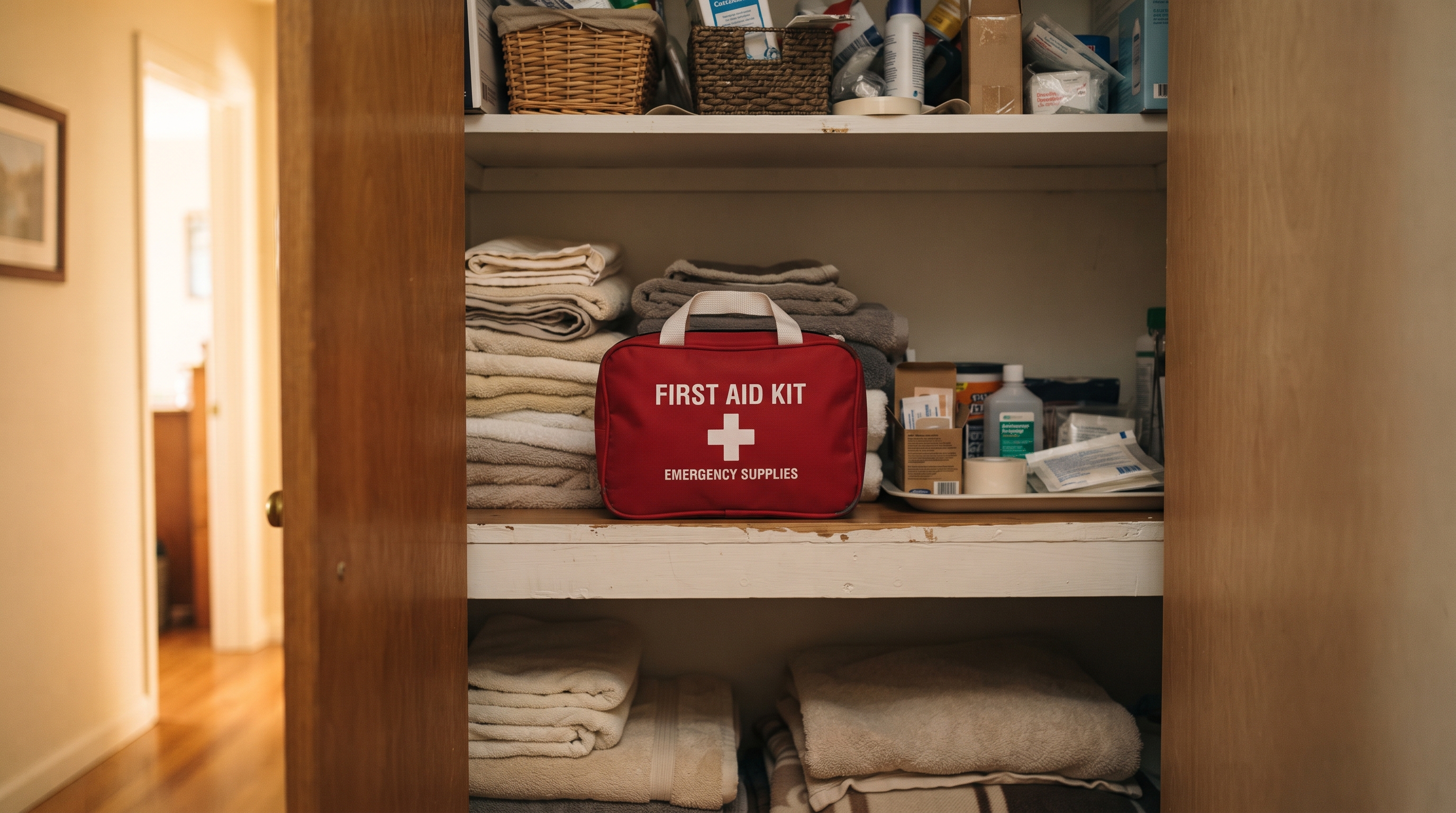 First aid kit placed at eye level on an open hallway closet shelf, easily reachable and clearly visible