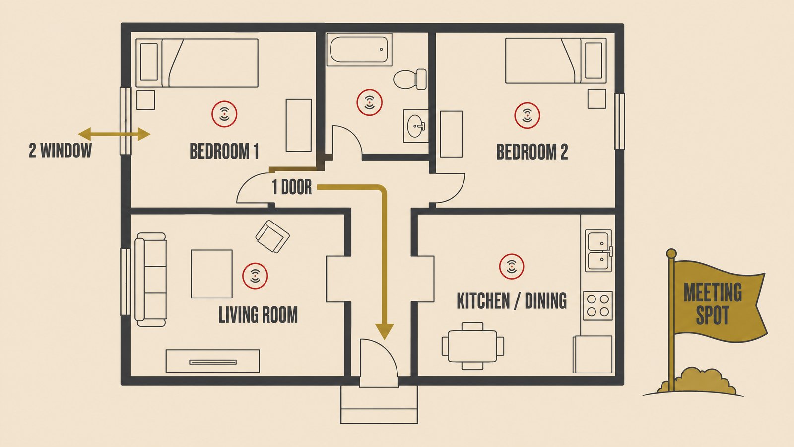 A simple floor plan with two numbered exit routes from each bedroom leading to a meeting spot outside
