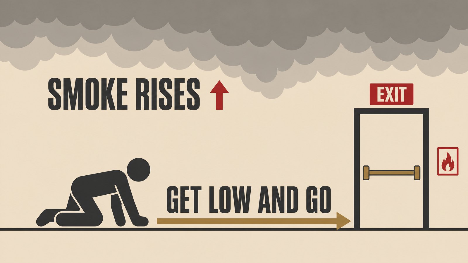 Flat illustration of a person crawling low under a layer of smoke toward an exit door