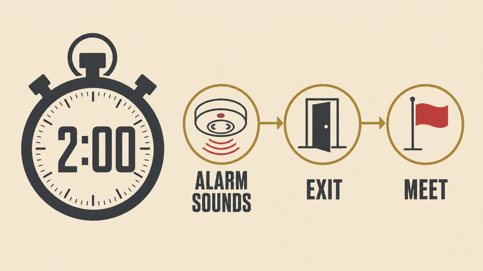Flat illustration of a stopwatch beside a floor plan showing the route from bedroom to meeting spot