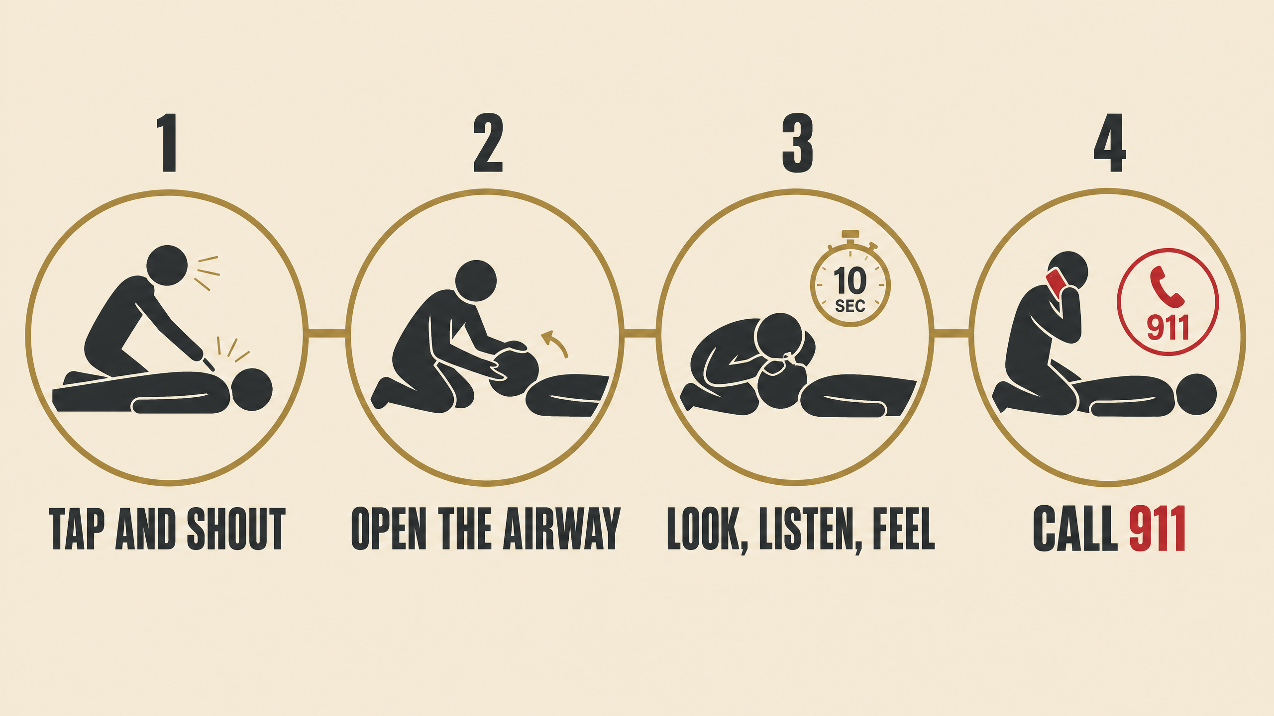 Flat illustration of four steps: tap and shout, open the airway, look for breathing, call 911