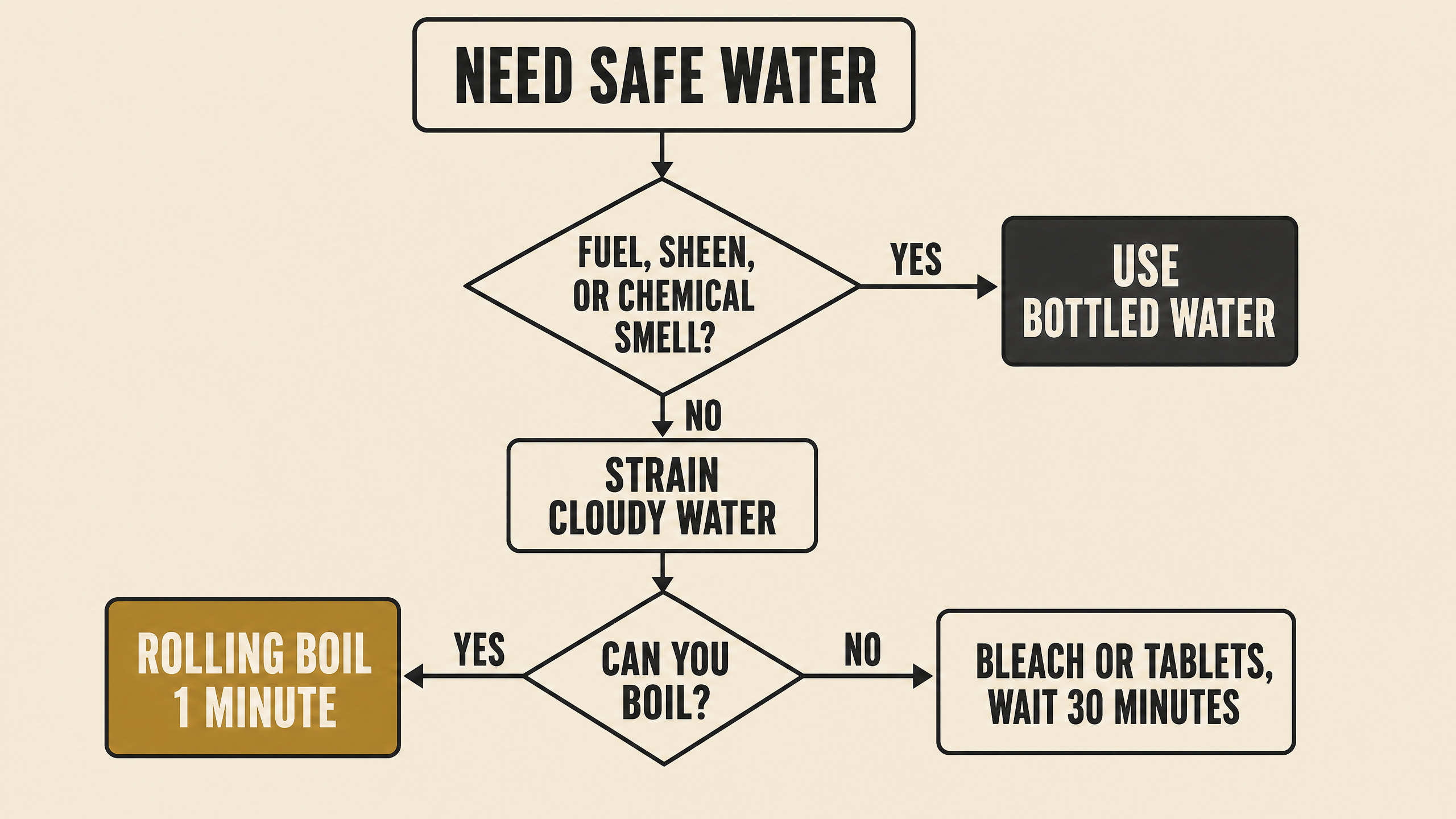 Flowchart for making water safe: strain cloudy water, boil if you can, use bleach or tablets if you cannot, and use bottled water if fuel or chemicals are possible