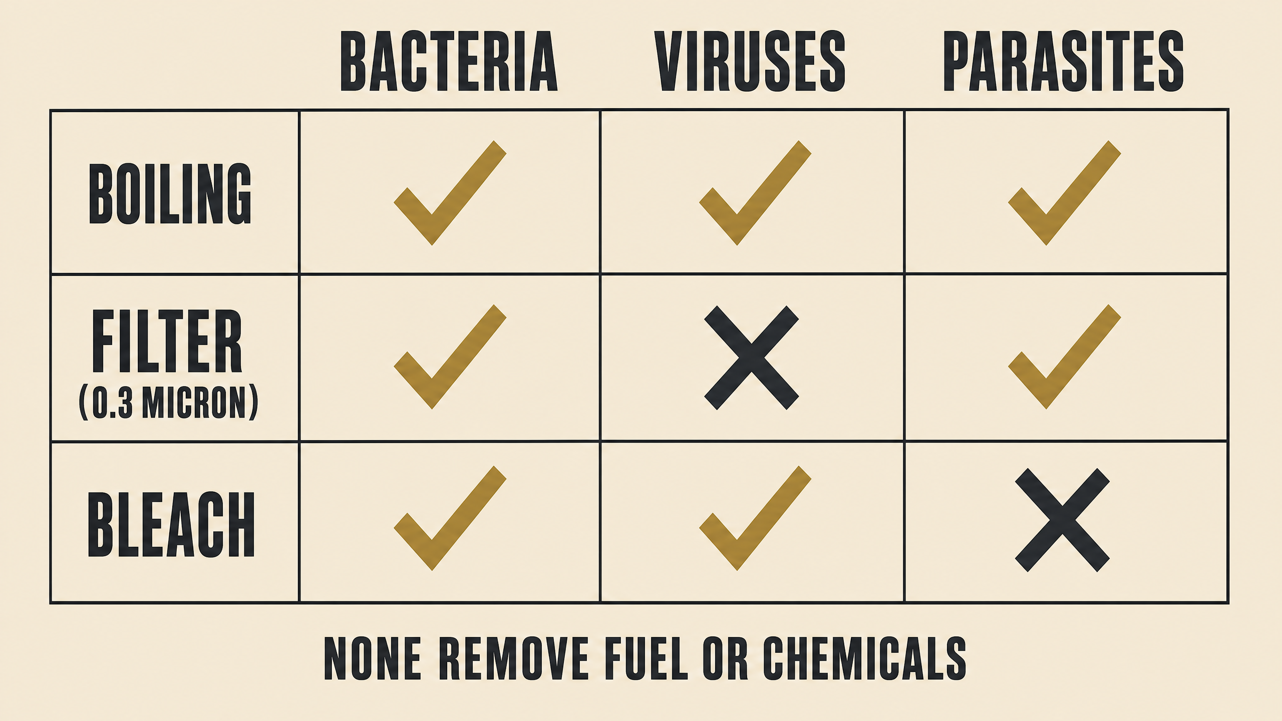 Comparison chart showing which germs boiling, filtering, and bleach remove: bacteria, viruses, and parasites