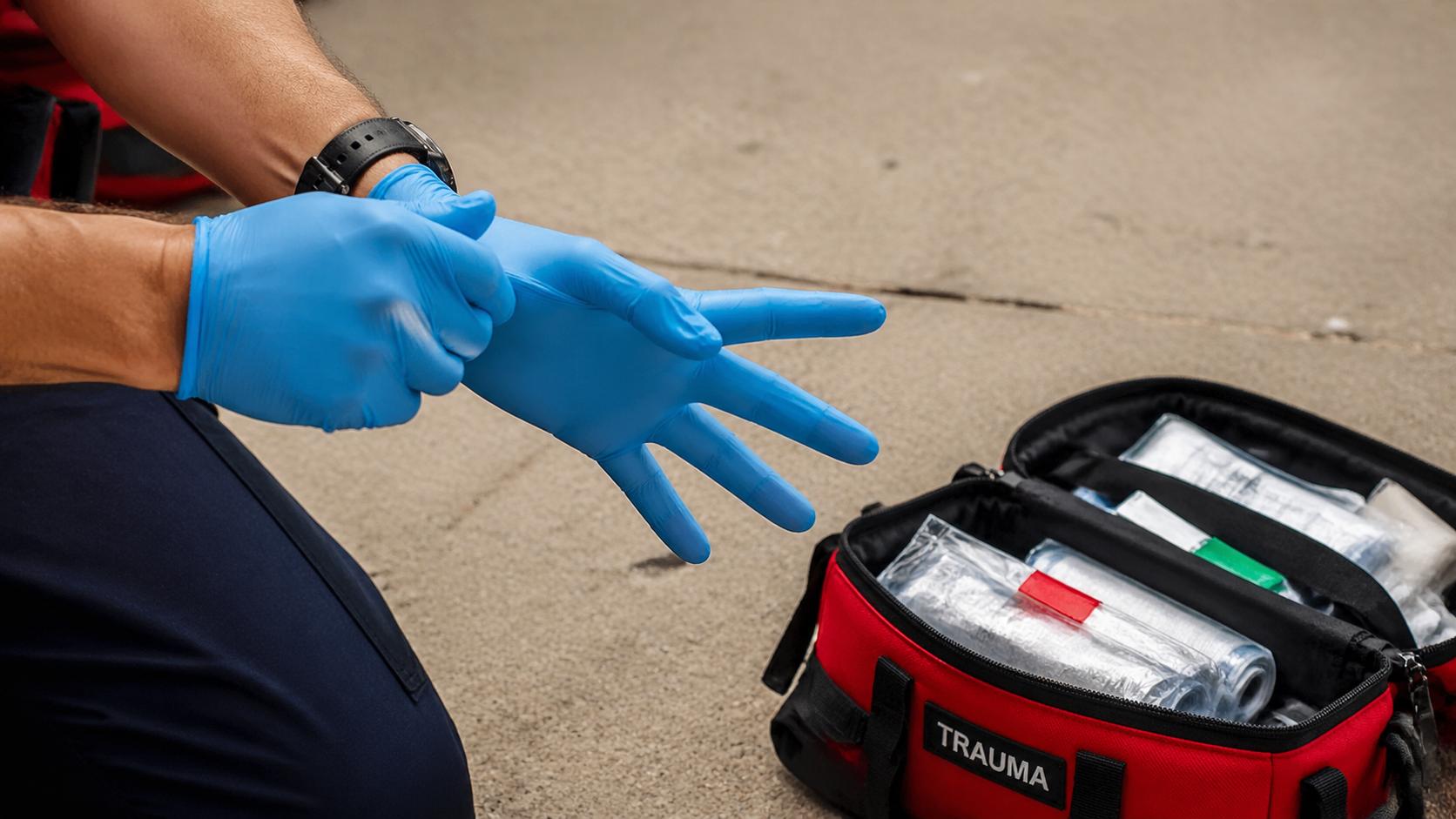 First responder putting on blue nitrile gloves beside an open trauma bag on a concrete surface