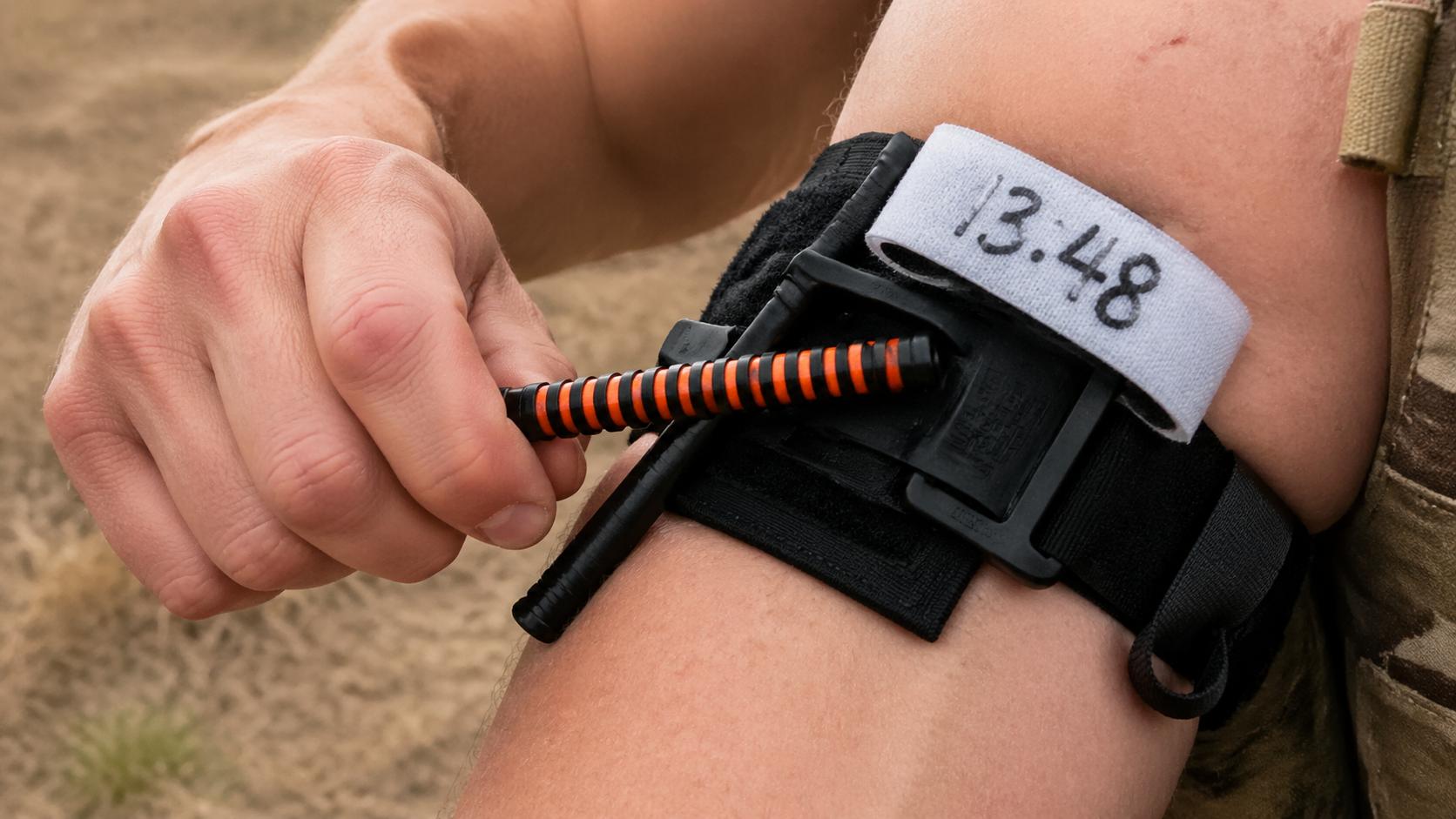 Close-up of a black Combat Application Tourniquet being twisted on a bare upper arm, windlass rod mid-rotation, time written in marker on the white band, outdoor tactical training setting