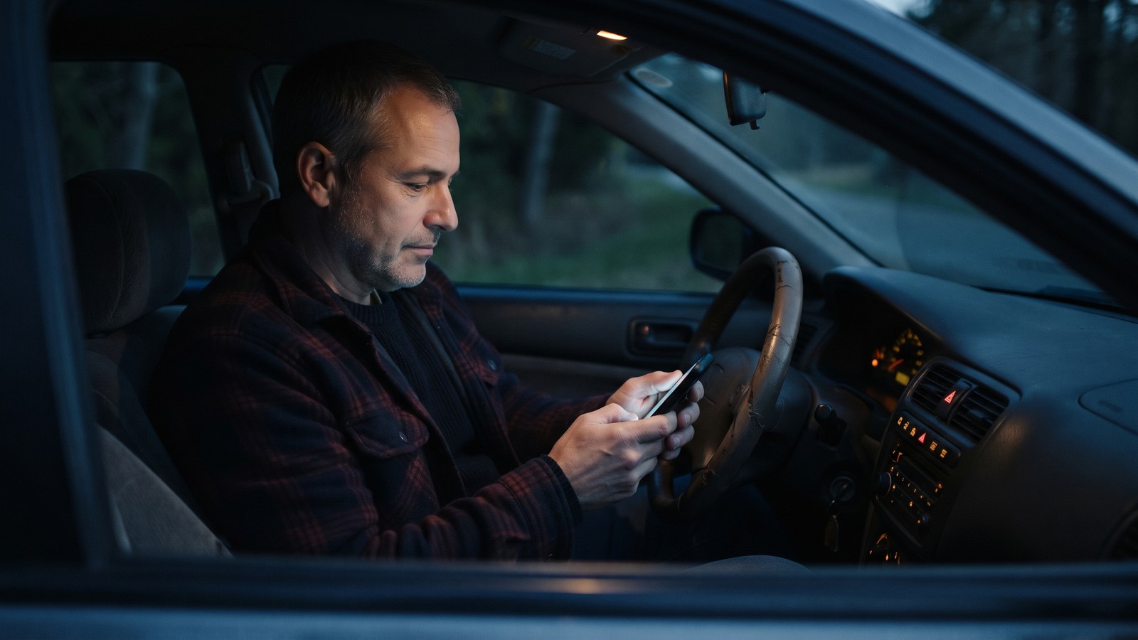 A man sitting in his parked car at night with hazard lights on, typing a text message on his phone