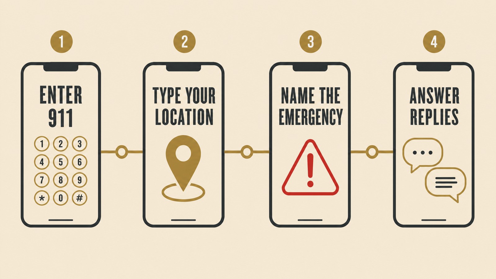 Flat illustration of four steps: open messages and enter 911, type your location, type the emergency, wait for replies