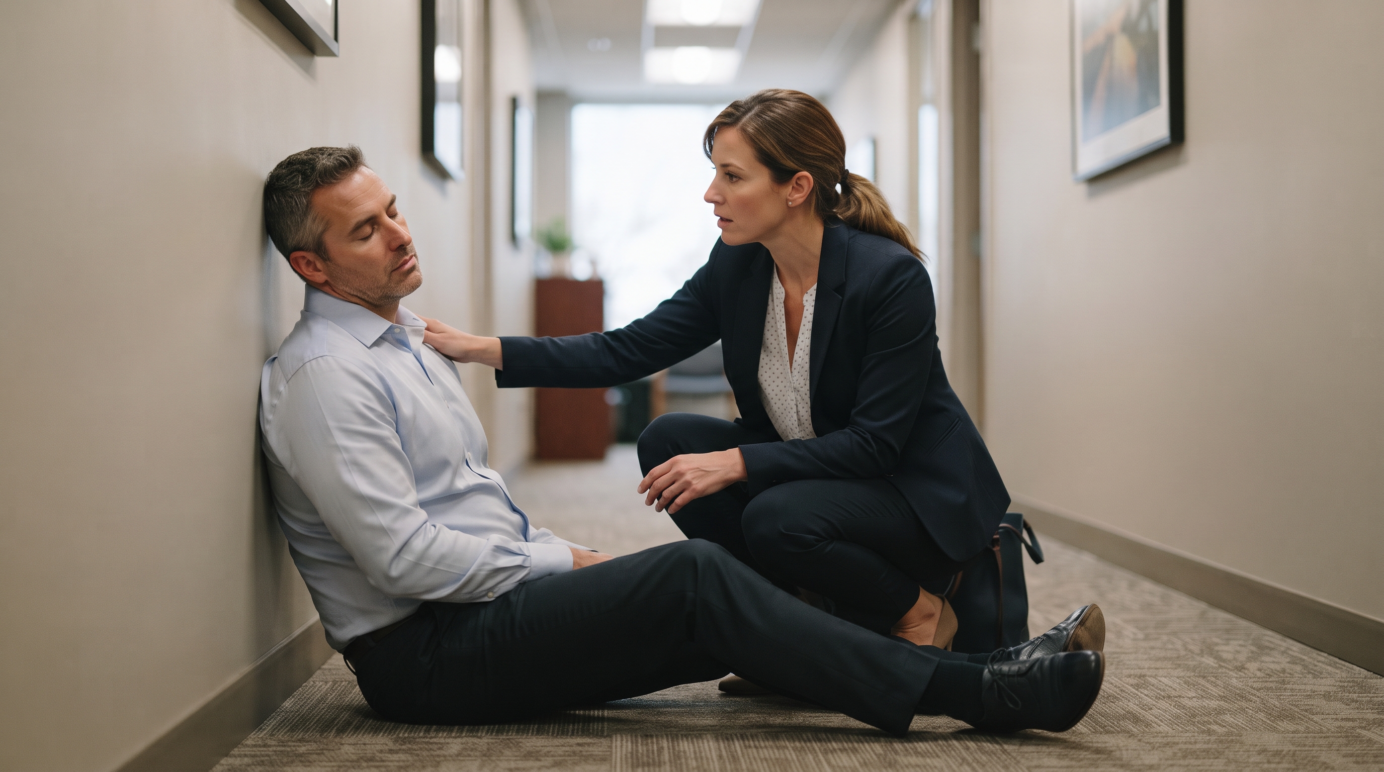 A woman in a workplace hallway kneels beside an unresponsive coworker slumped against the wall, checking for breathing and a response before reaching for help