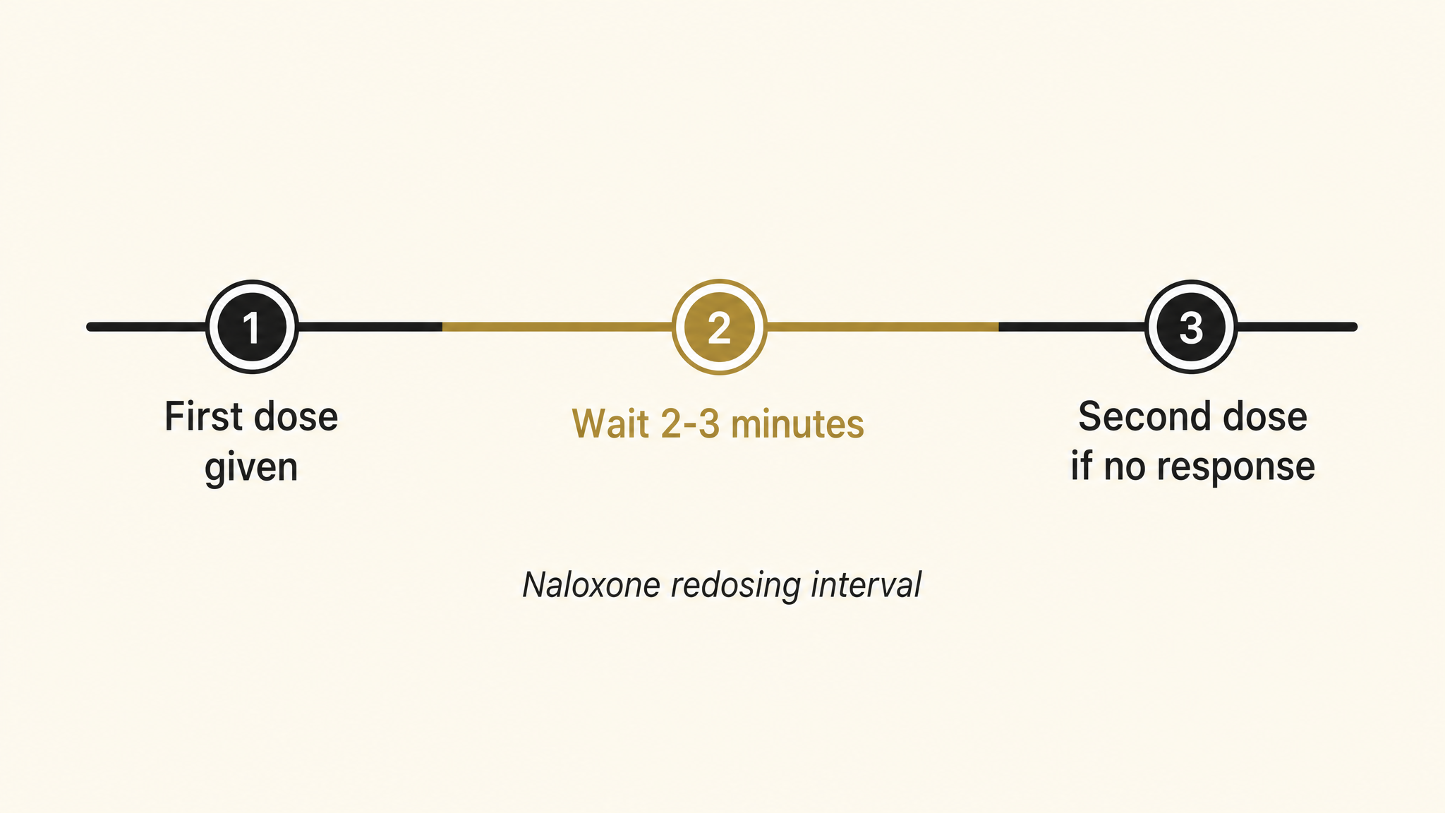 A clean timeline chart showing the 2 to 3 minute wait between the first and second dose of Narcan nasal spray