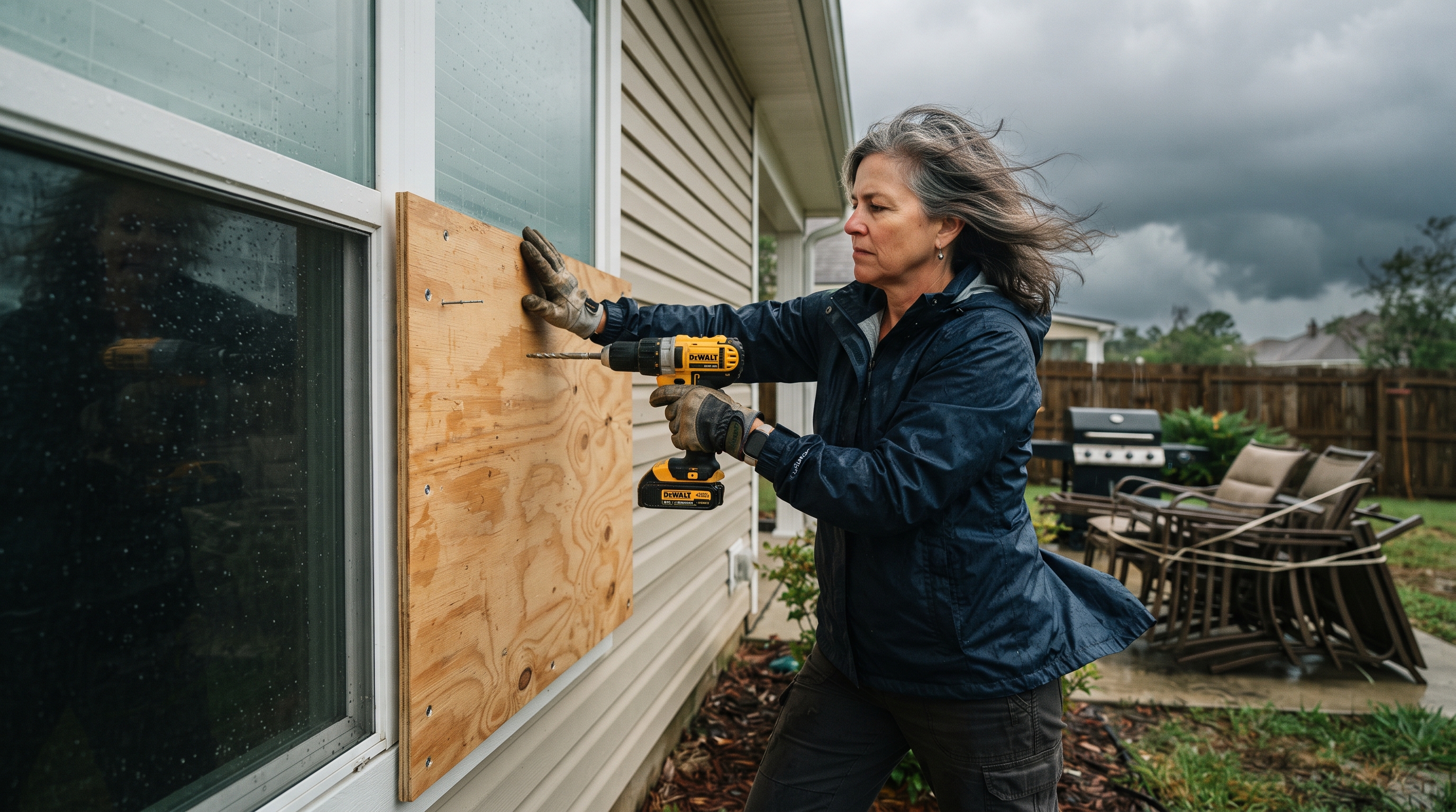 Woman securing pre-cut plywood over a house window with a cordless drill as a storm approaches