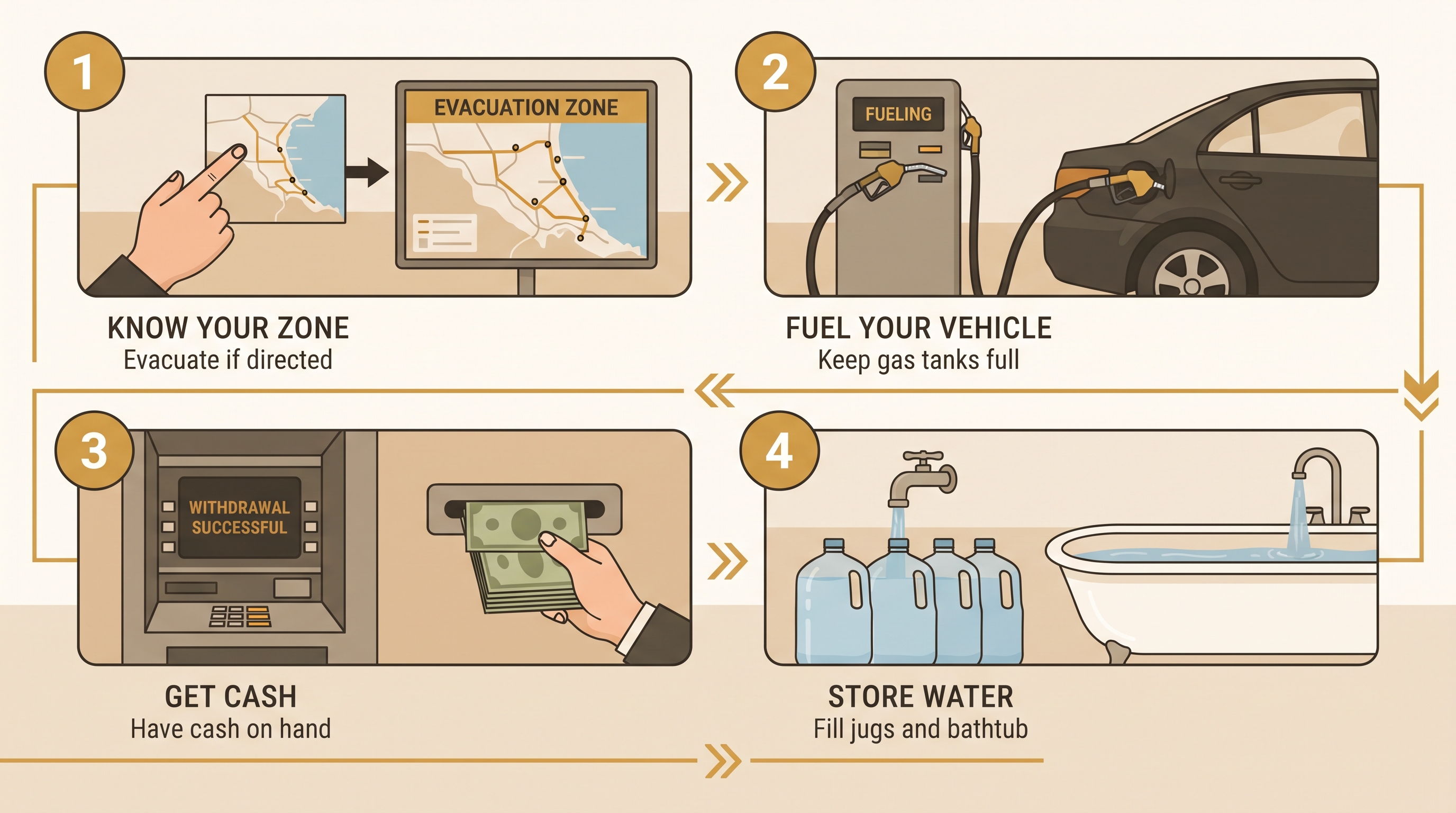 Four-step illustrated infographic showing the first hour hurricane actions: check evacuation zone, fill gas tank, pull cash, fill water containers