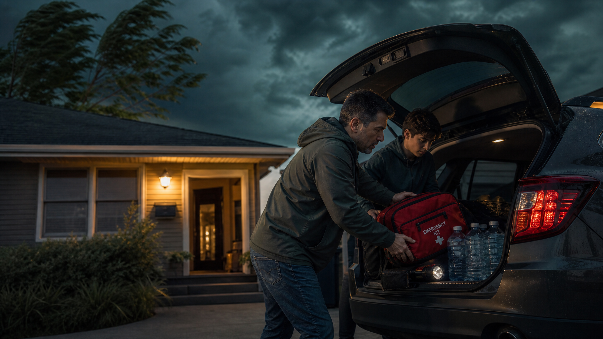 Family loading a packed emergency kit and water jugs into a car trunk at dusk as a storm sky darkens