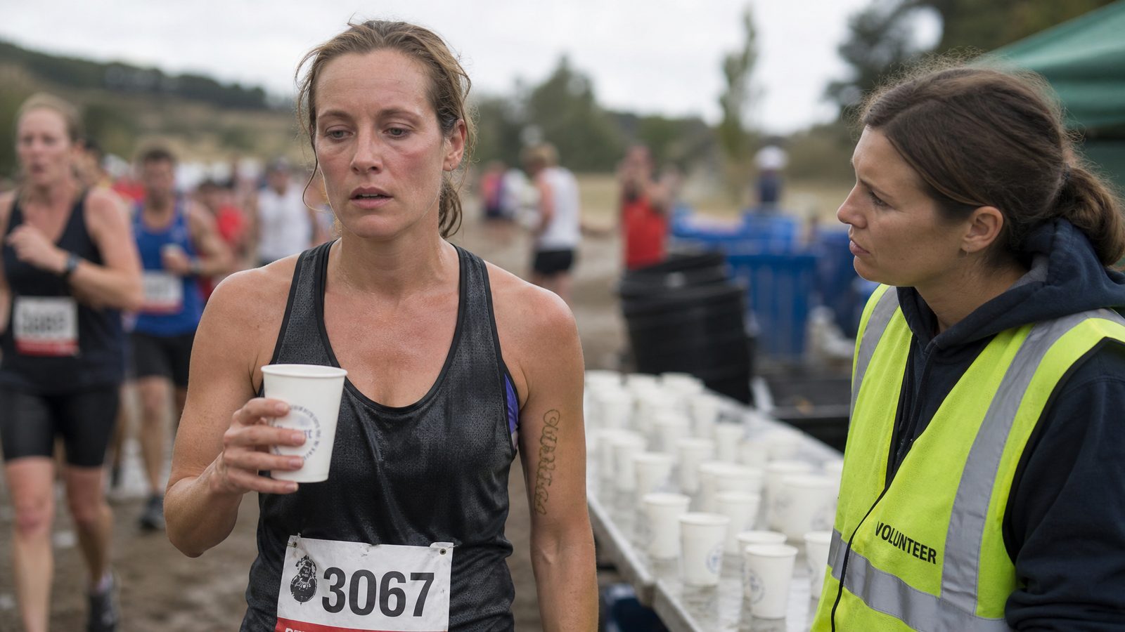 A female endurance runner stands at a race aid station holding a cup of water and staring past it with a foggy, unfocused expression while a volunteer watches with mild concern