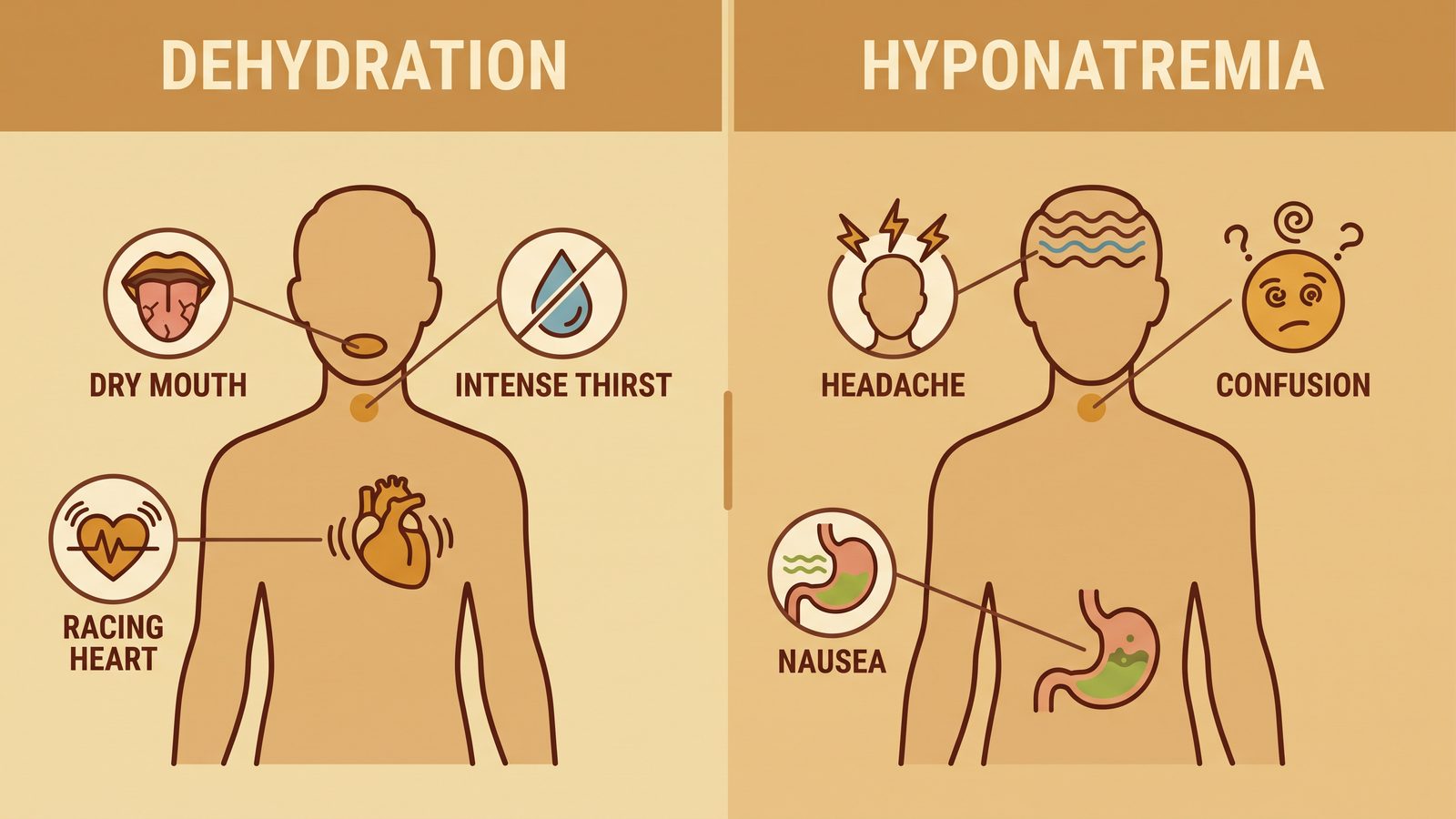A two-panel illustration comparing dehydration symptoms like dry mouth and racing heart against hyponatremia symptoms like headache, nausea, and confusion