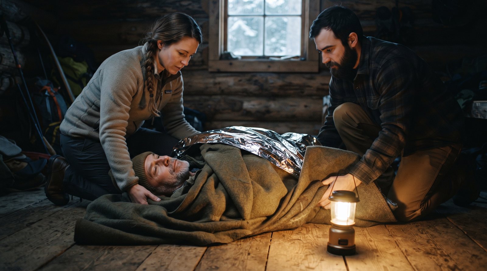 An adult wrapped in blankets and an emergency bivvy lies flat and still on the ground while two people gently keep him horizontal in a dim cold cabin