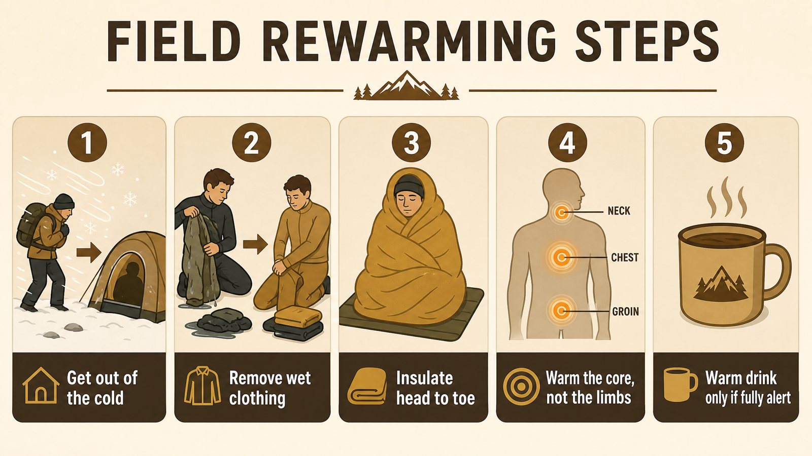 Flat illustrated infographic titled Field Rewarming Steps showing five numbered icons: move out of the cold, remove wet clothing, insulate head to toe, apply warm packs to chest neck and groin, and warm drink only if alert, in warm earth tones