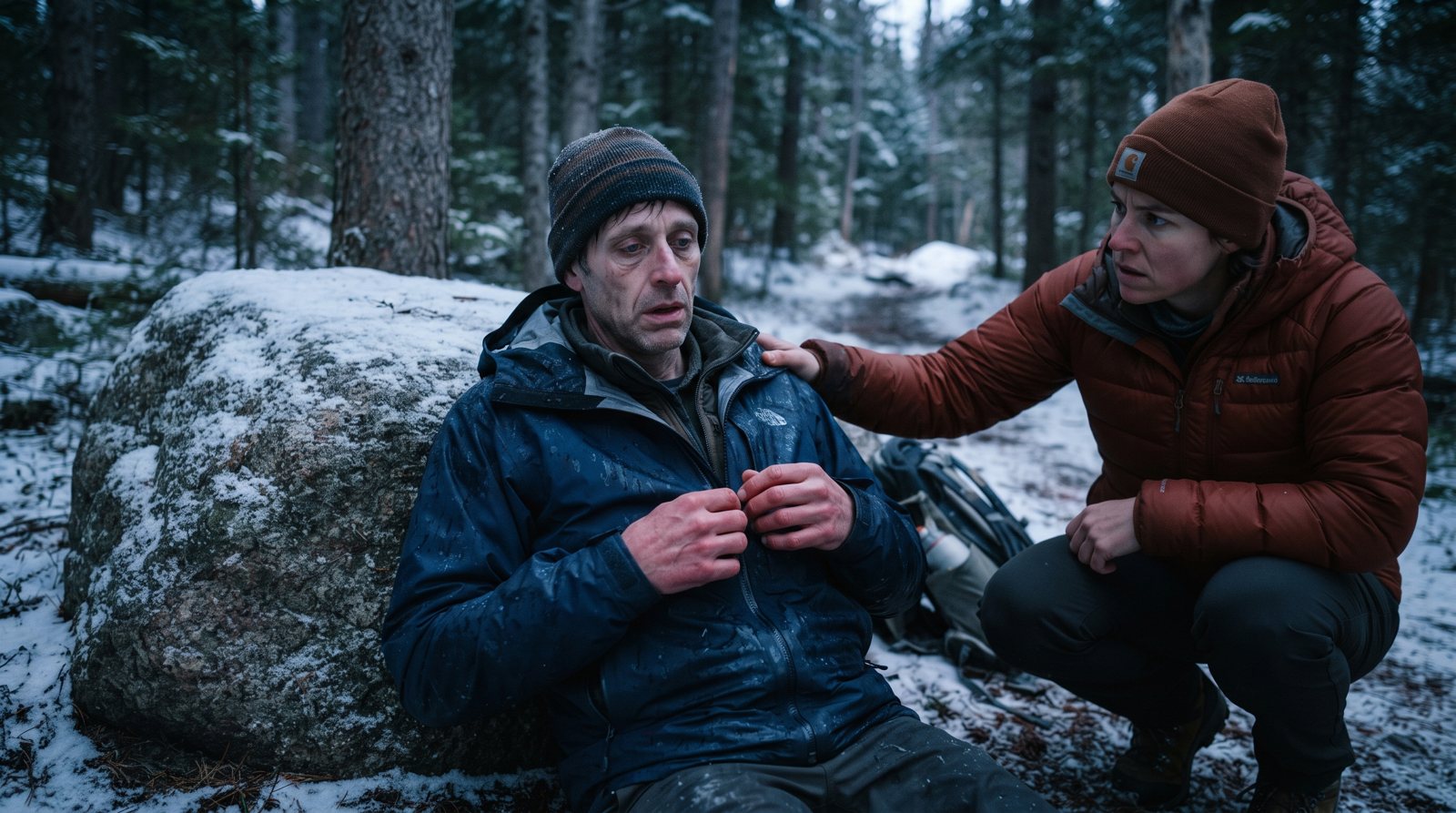 A cold, pale adult hiker sits slumped against a rock in dim winter woods, shivering with fumbling hands, a fellow hiker crouched beside him checking on him