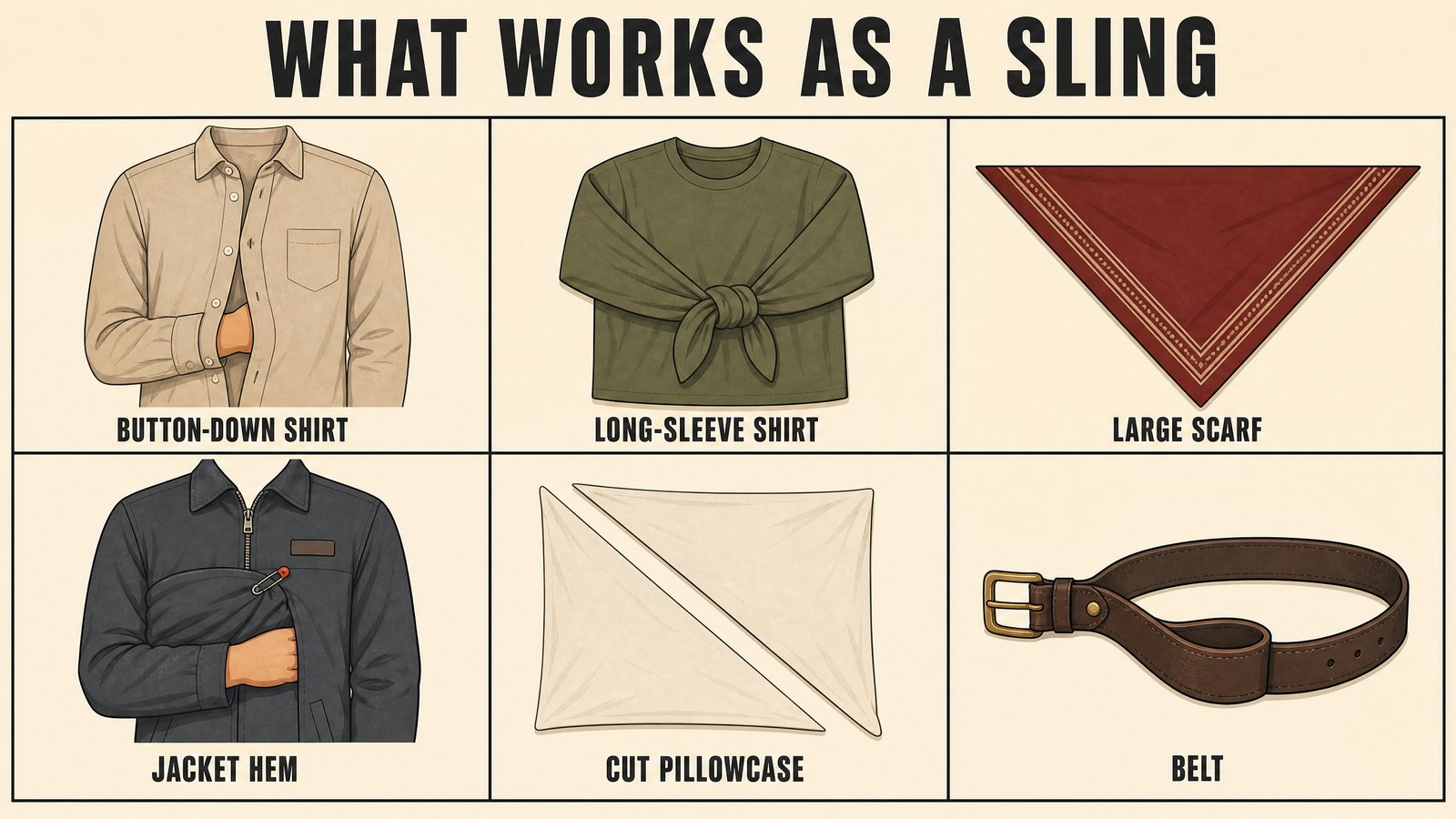 Six-cell illustrated grid of improvised sling materials: button-down shirt, long-sleeve shirt, large scarf, jacket hem, cut pillowcase and belt