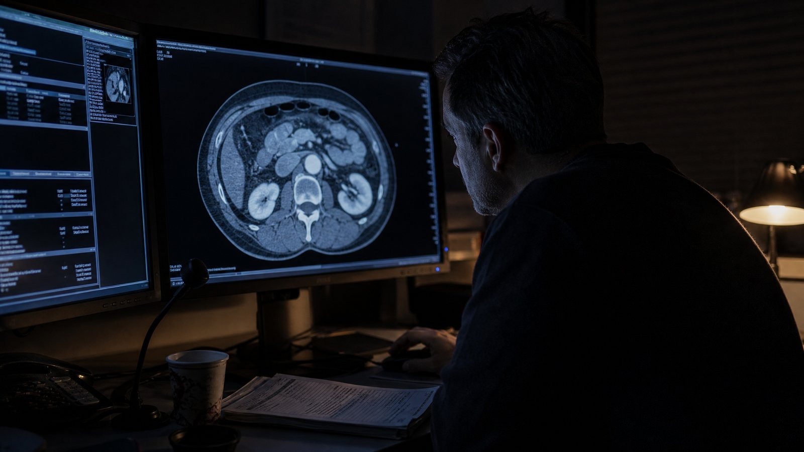 A radiologist in a darkened reading room studies an abdominal CT scan on a large monitor, the aorta visible in cross-section, a paper coffee cup beside the keyboard