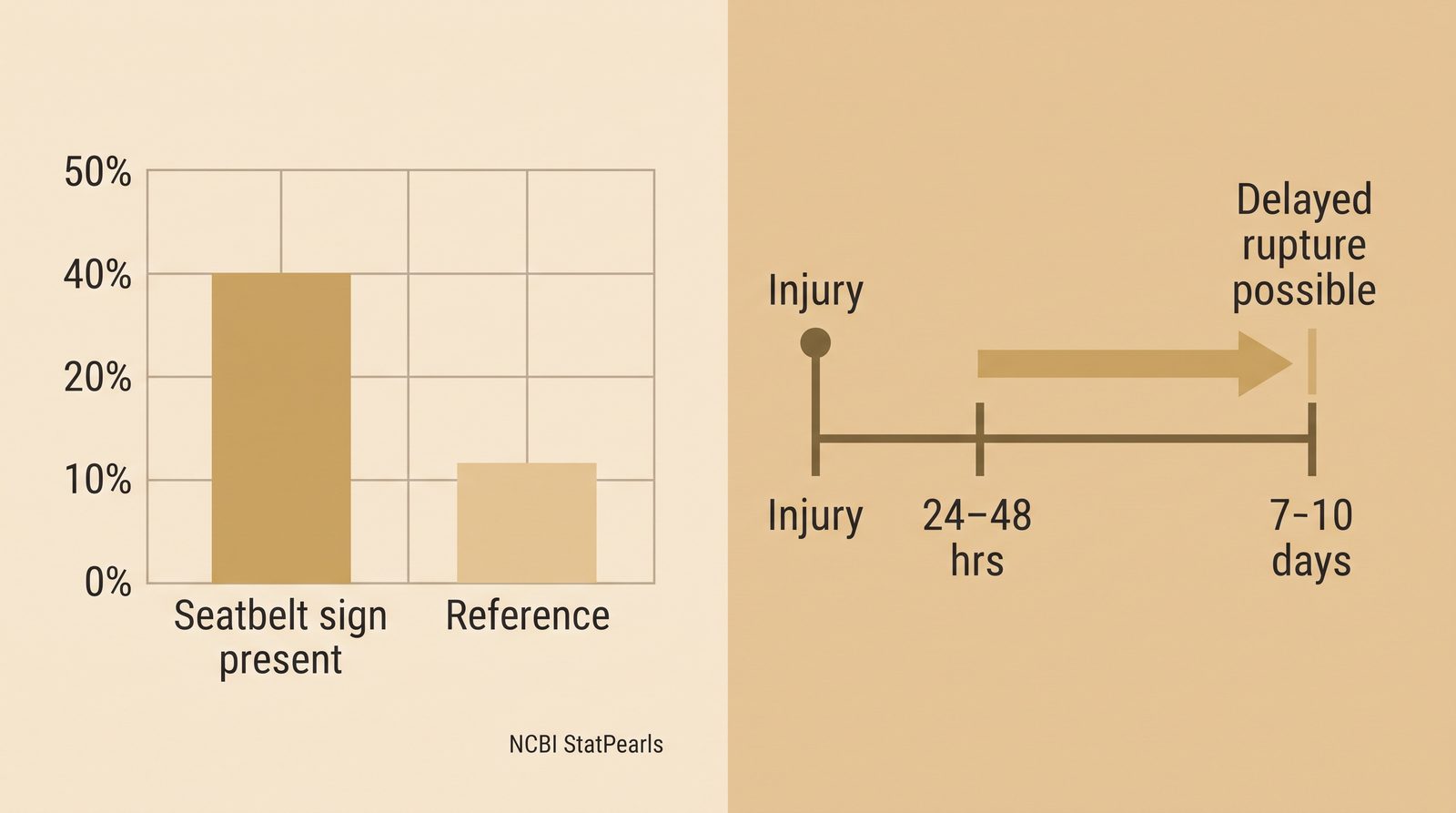 Infographic showing roughly 40 percent intra-abdominal injury rate when a seatbelt sign is present, and a timeline showing delayed splenic rupture occurring 24 to 48 hours up to 7 to 10 days after the original injury