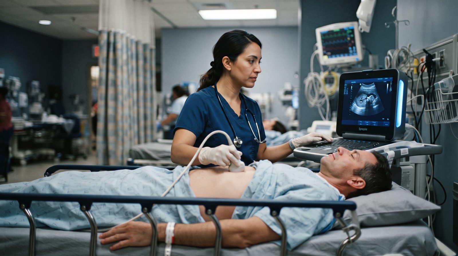 An ER clinician performing a bedside FAST ultrasound exam on a patient lying on a gurney, probe against the upper abdomen, monitor showing a grayscale ultrasound image