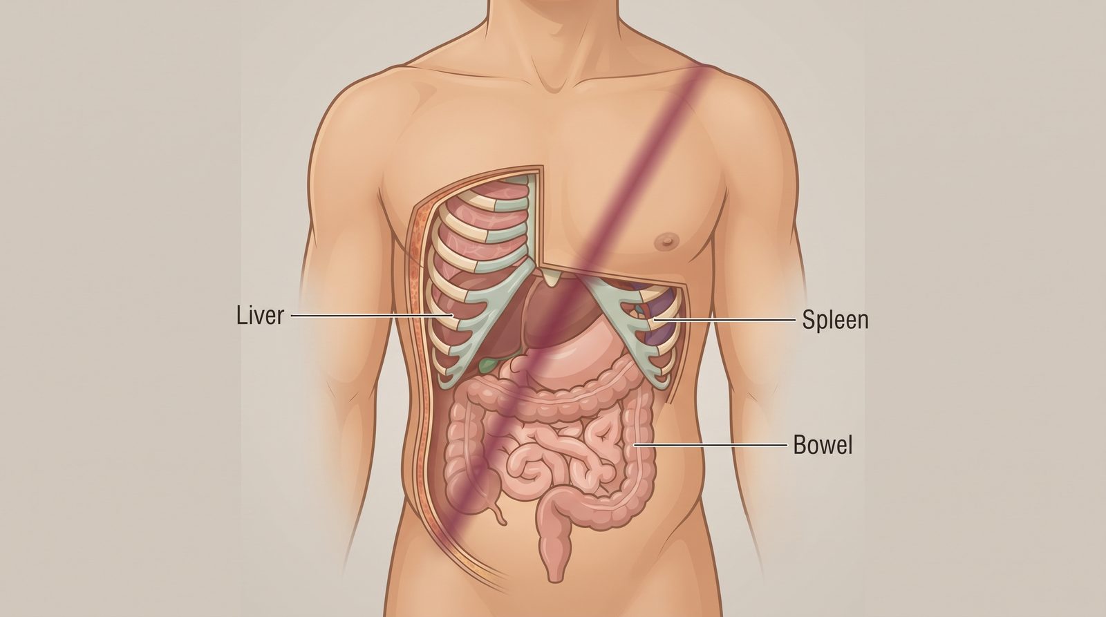 Labeled anatomical cross-section illustration of a torso showing a diagonal seatbelt bruise line on the skin with the spleen, liver, and bowel labeled in the tissue beneath it