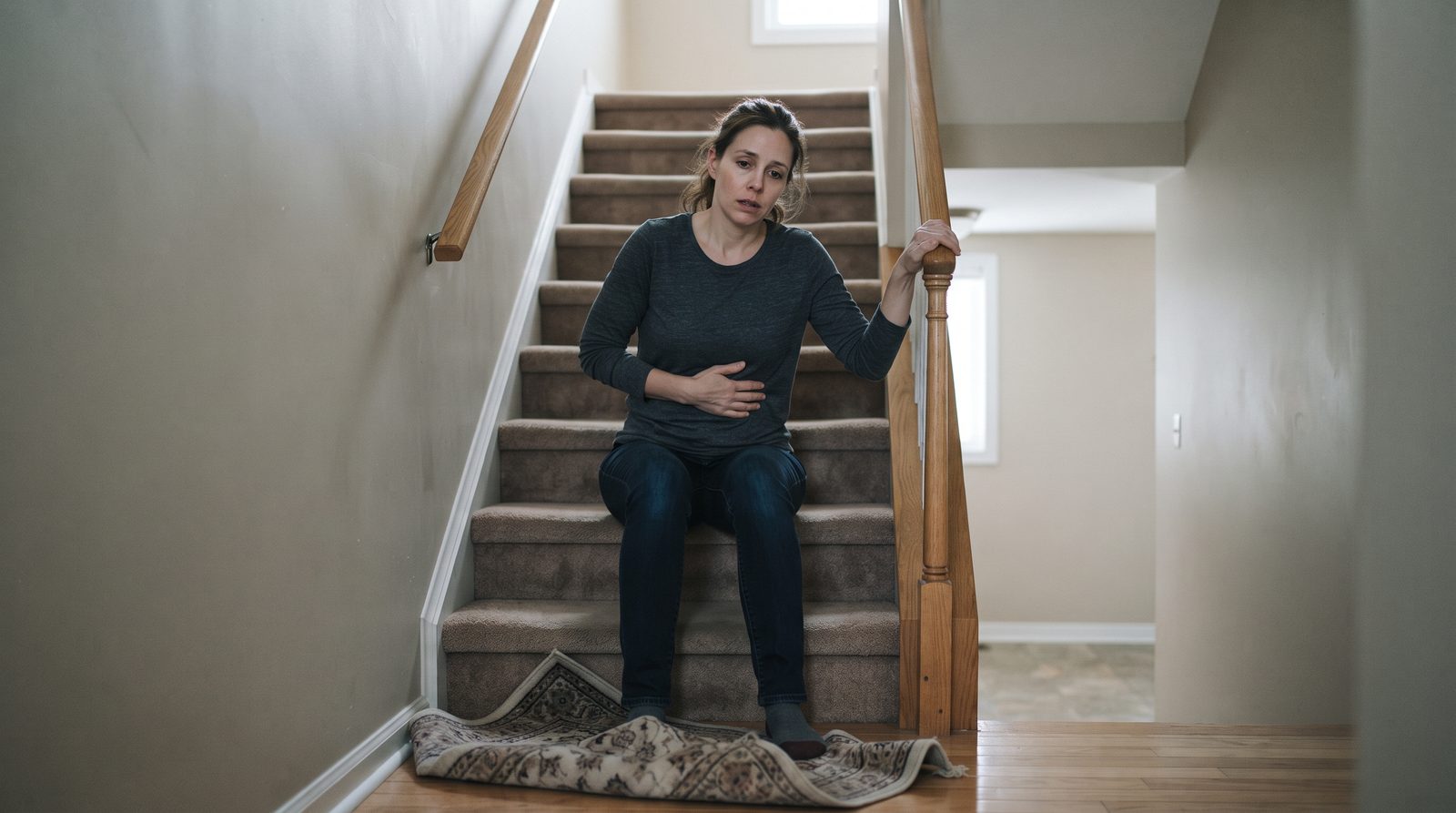 A woman sitting on indoor stairs shortly after a fall, pale and dizzy, one hand pressed to her lower abdomen, the other gripping the stair railing
