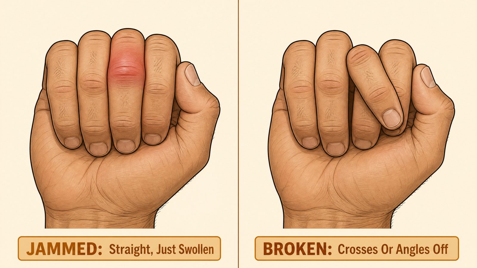 A two-panel comparison illustration showing a hand making a fist with a straight but swollen jammed finger on one side, and a finger crossing over its neighbor at an angle representing a broken, malrotated finger on the other