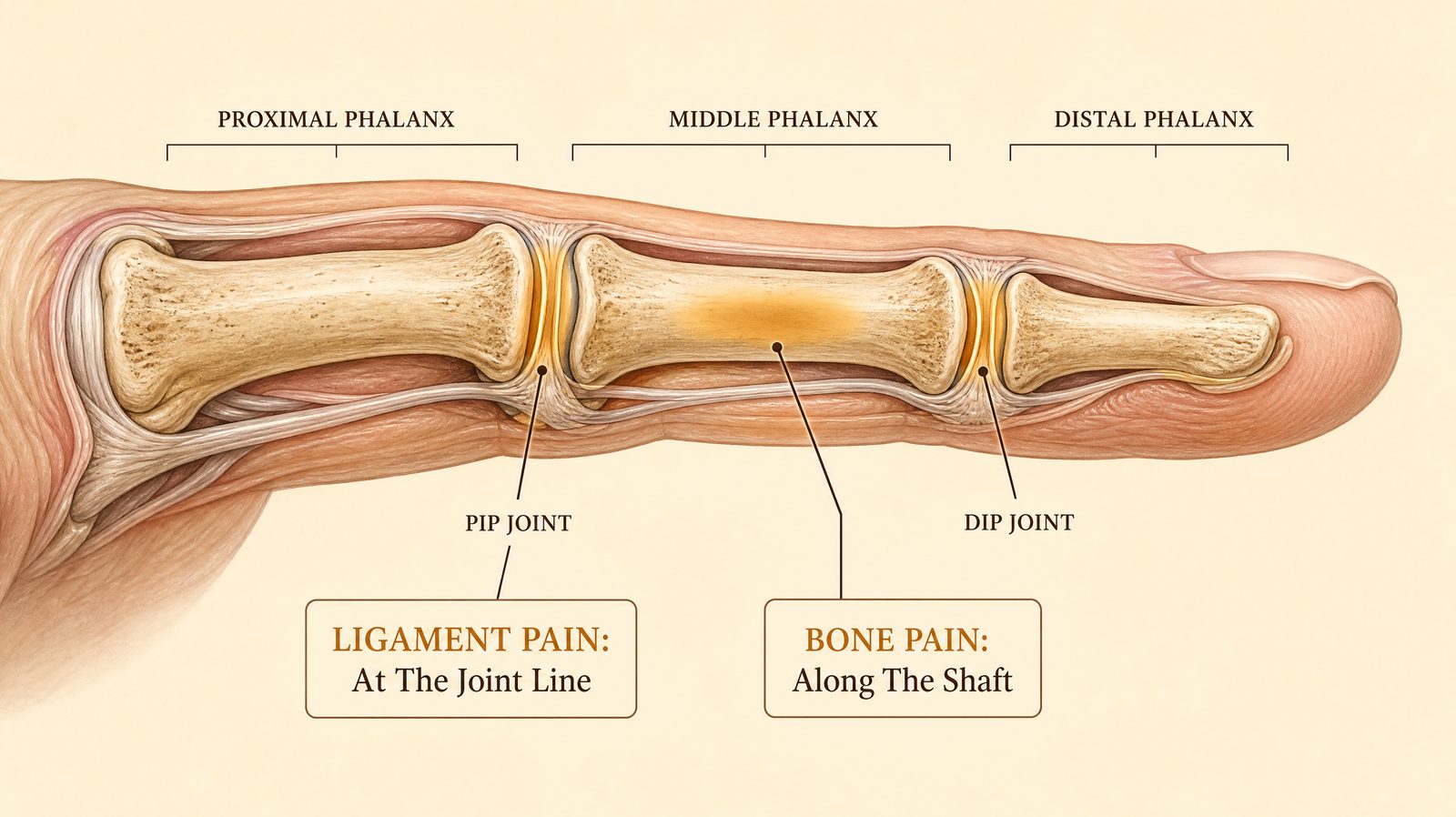 A labeled anatomical illustration of a finger showing two highlighted zones, one at the joint line labeled ligament pain and one along the bone shaft labeled bone pain