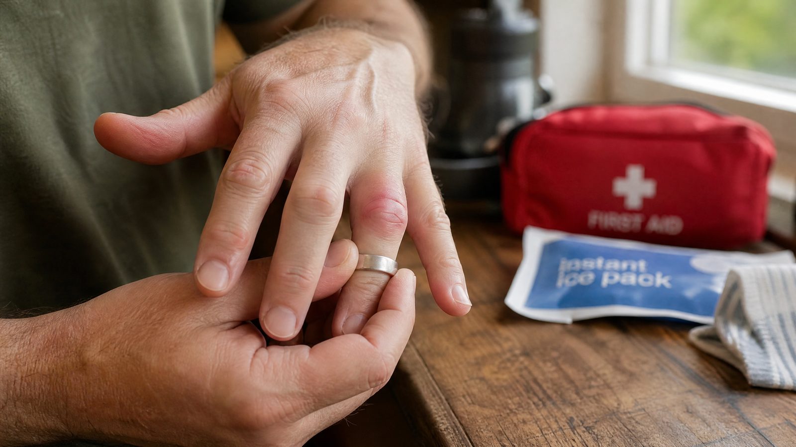 Close-up of an adult removing a ring from a swollen, reddened finger, with a small first-aid kit and instant ice pack visible nearby