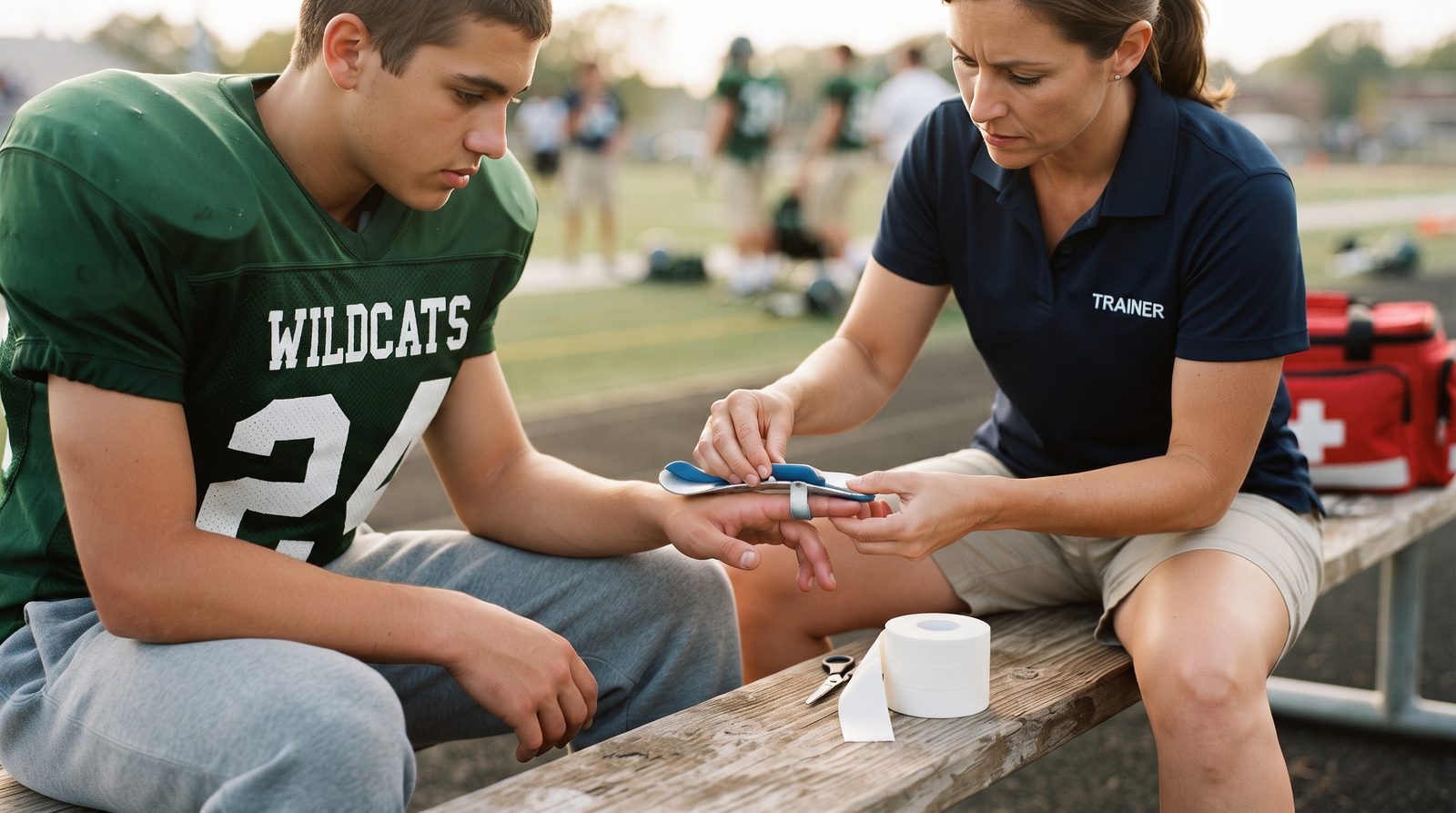 An athletic trainer applying a rigid finger splint to an injured athlete on a sideline bench, with a roll of buddy tape left unused beside them
