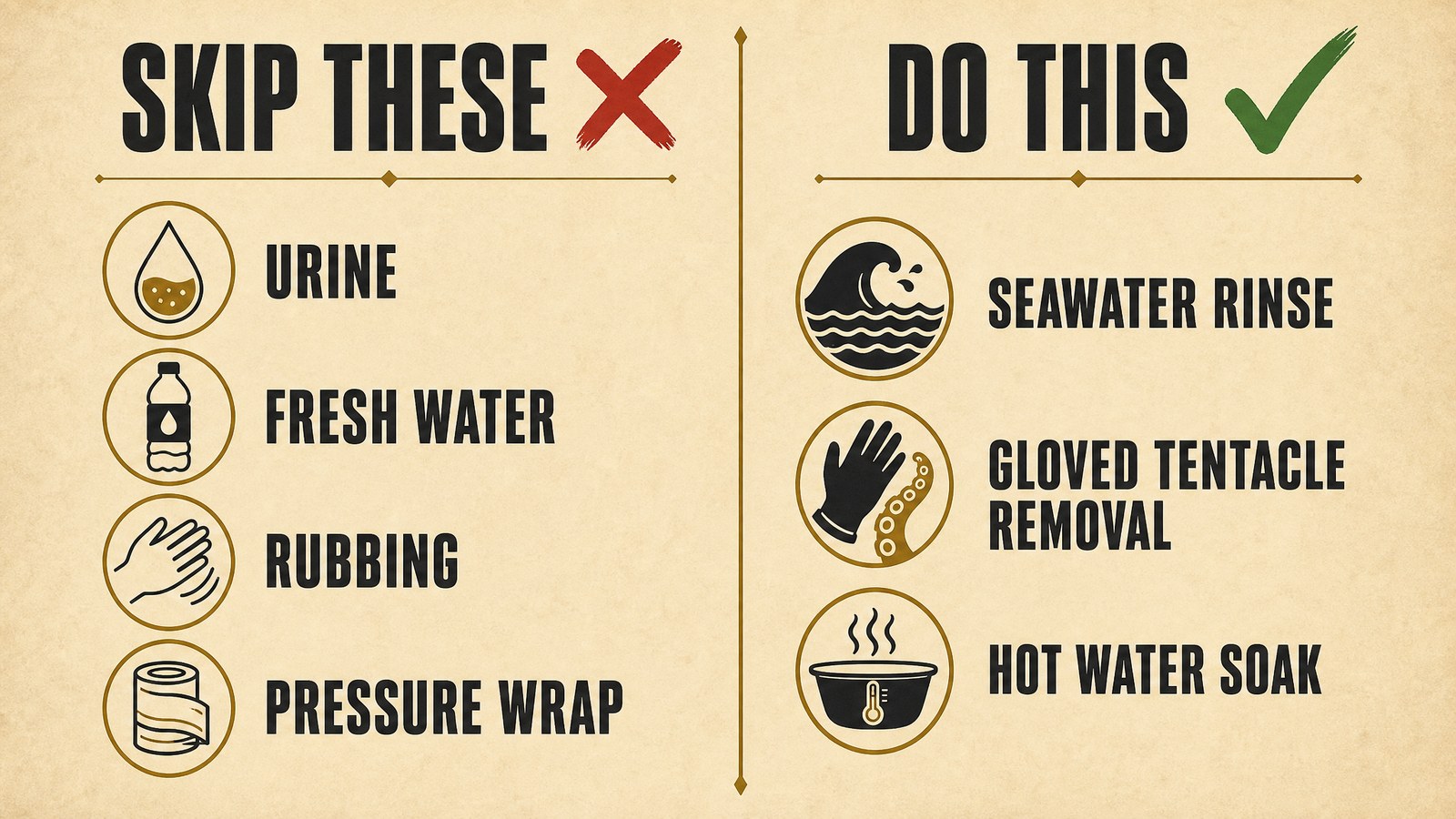 Two-column comparison of jellyfish sting myths to skip, such as urine and fresh water, next to treatments that work, such as hot water and gloved tentacle removal