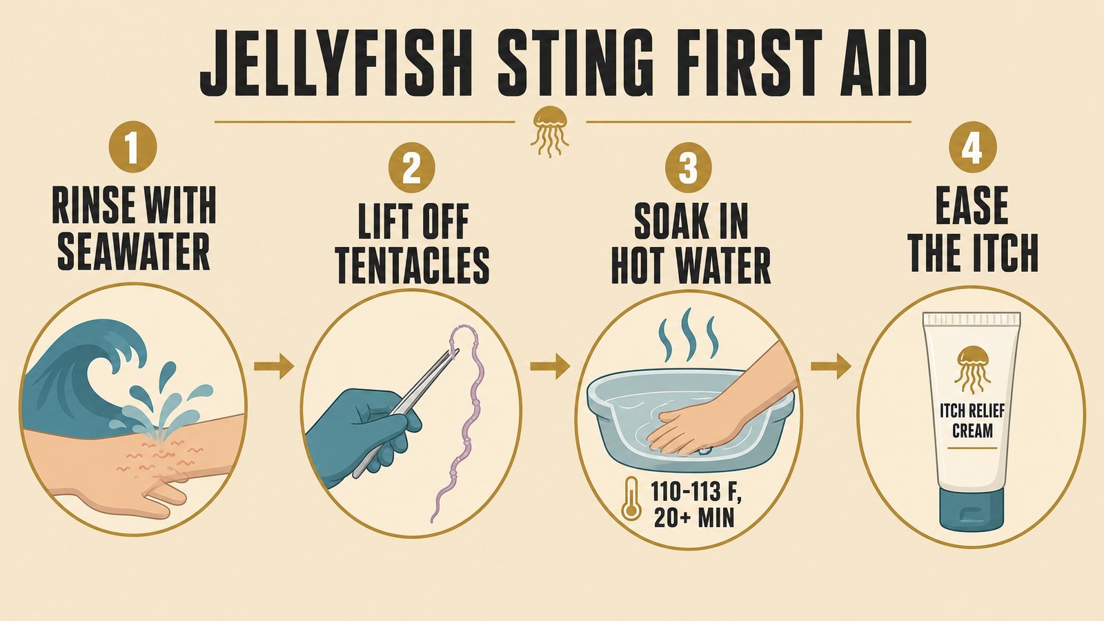 Four-step infographic of jellyfish sting first aid showing rinse with seawater, remove tentacles, soak in hot water, and pain relief