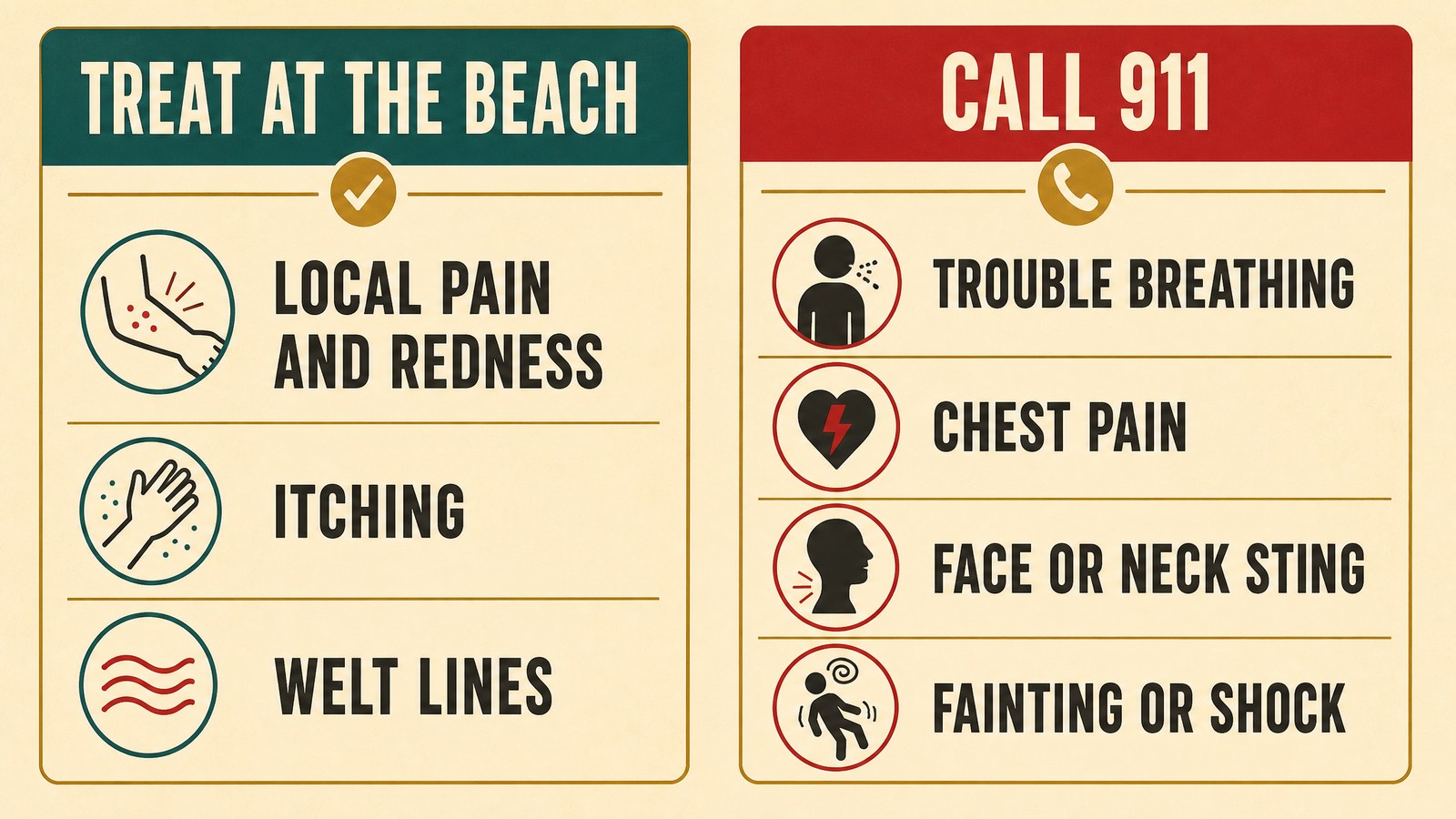 Side-by-side chart comparing a mild jellyfish sting managed at the beach with red flag symptoms that need a 911 call
