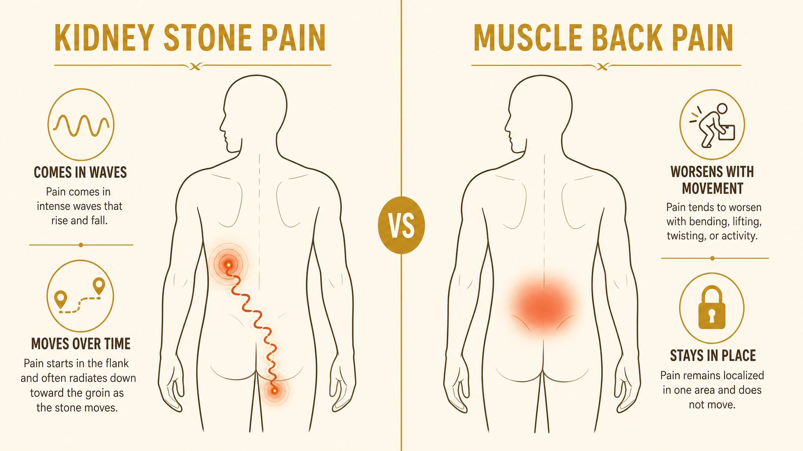 Split comparison illustration contrasting kidney stone pain on the left, showing wave-pattern pain radiating from flank to groin, against muscular back pain on the right, showing steady localized pain that worsens with movement