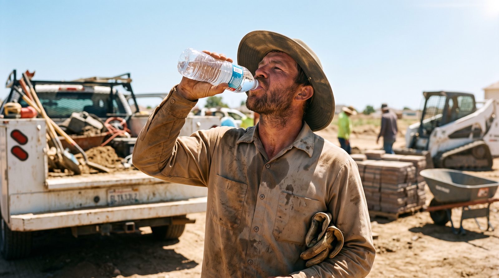 A landscaper drinking water from a bottle during a break in bright midday sun, sweat-soaked shirt, work gloves tucked under one arm, dry dirt and equipment in the background