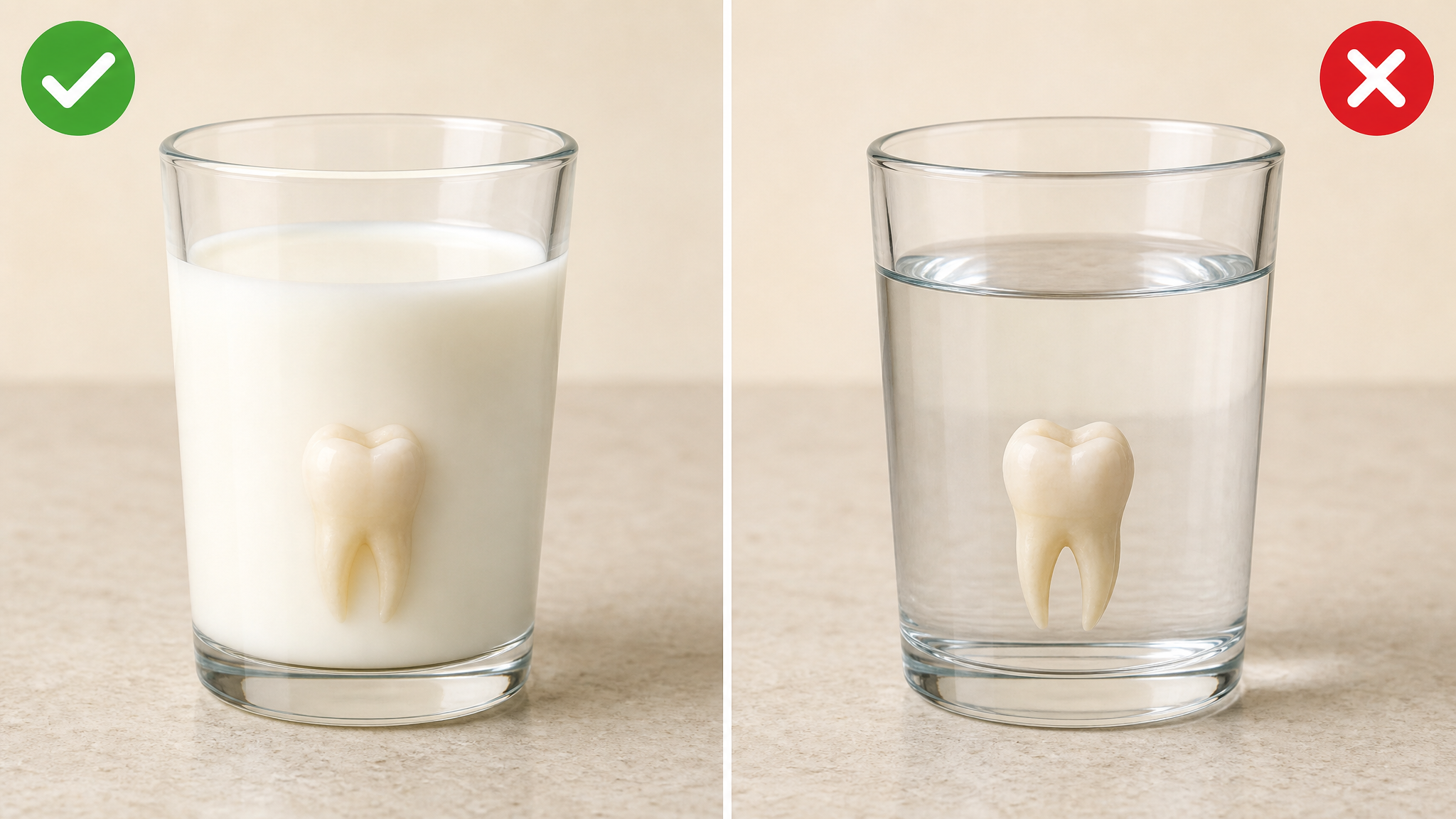 Side-by-side comparison graphic showing a tooth in a glass of milk labeled correct versus a tooth in a glass of tap water labeled damaging, illustrating why milk preserves root cells and water destroys them