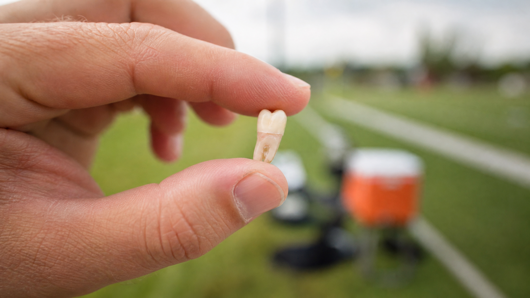 Close-up of hands holding a knocked-out tooth carefully by the white crown, keeping fingers away from the narrower root section, against a blurred outdoor field background