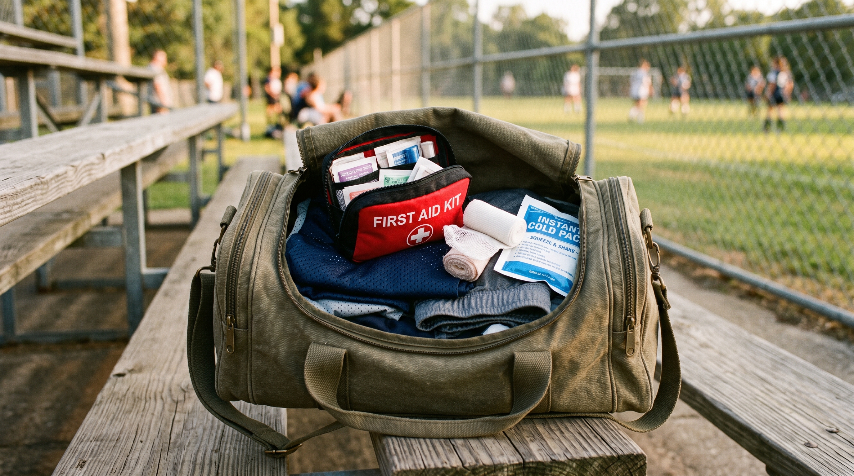 An open sports bag on a bench with a compact first aid kit, gauze, and a small cold pack visible, ready for a coach or parent to grab quickly during a game