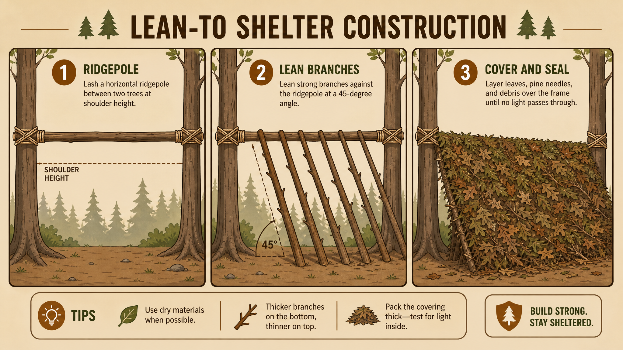 Three-step illustrated diagram of lean-to shelter construction: ridgepole, angled branches, and debris layering
