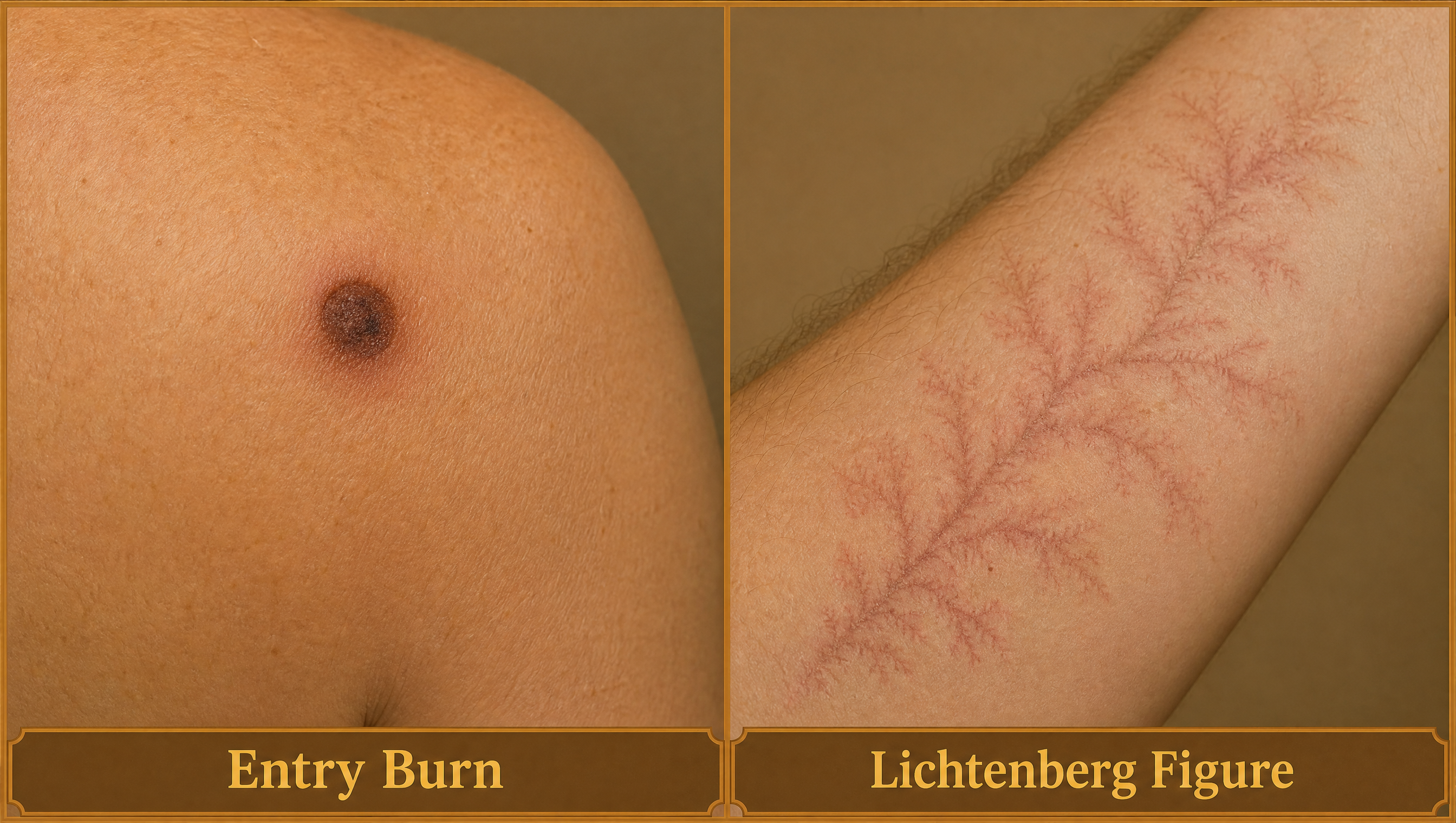 Split-image comparison showing a small dark entry burn mark on a shoulder next to a fern-like branching Lichtenberg figure pattern on skin, labeled entry point and Lichtenberg figure, clinical but warm-toned illustration style