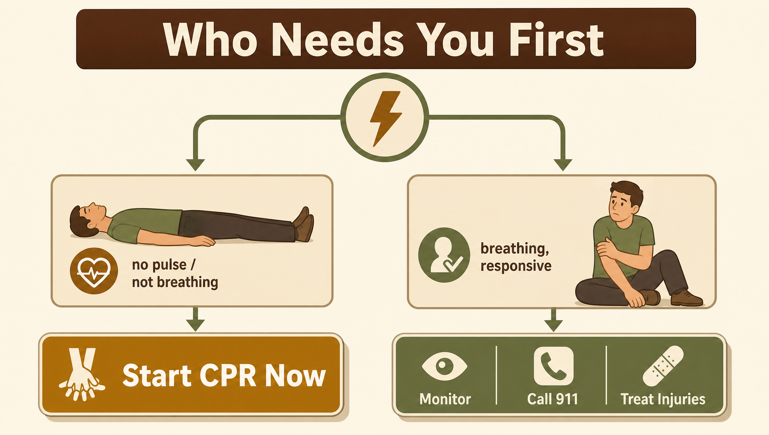 Flat illustrated flowchart titled Who Needs You First showing a decision tree between a motionless silent victim and a conscious injured victim, directing to CPR priority for the unresponsive person, warm earth tones
